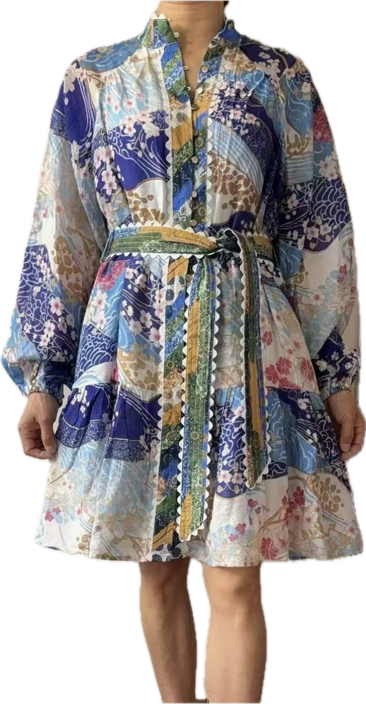 Jordana Button Up Belted Mini Dress - Blue Patchwork