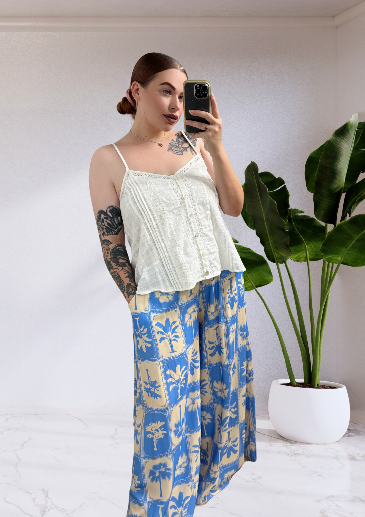 Kiara Wide Leg Pants - Blue Palm