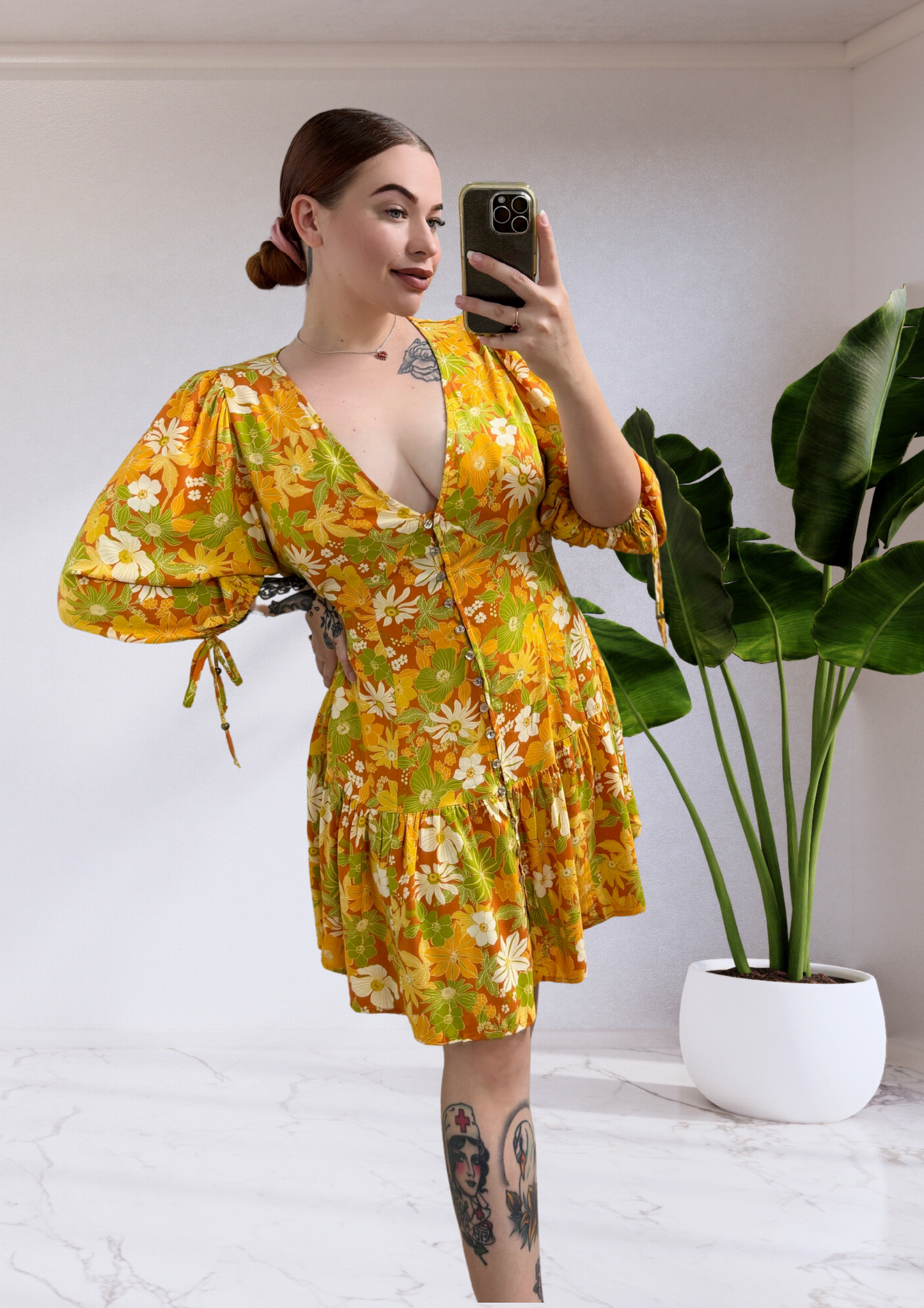 Laura Button Up V-Neck Mini Dress - Orange Floral
