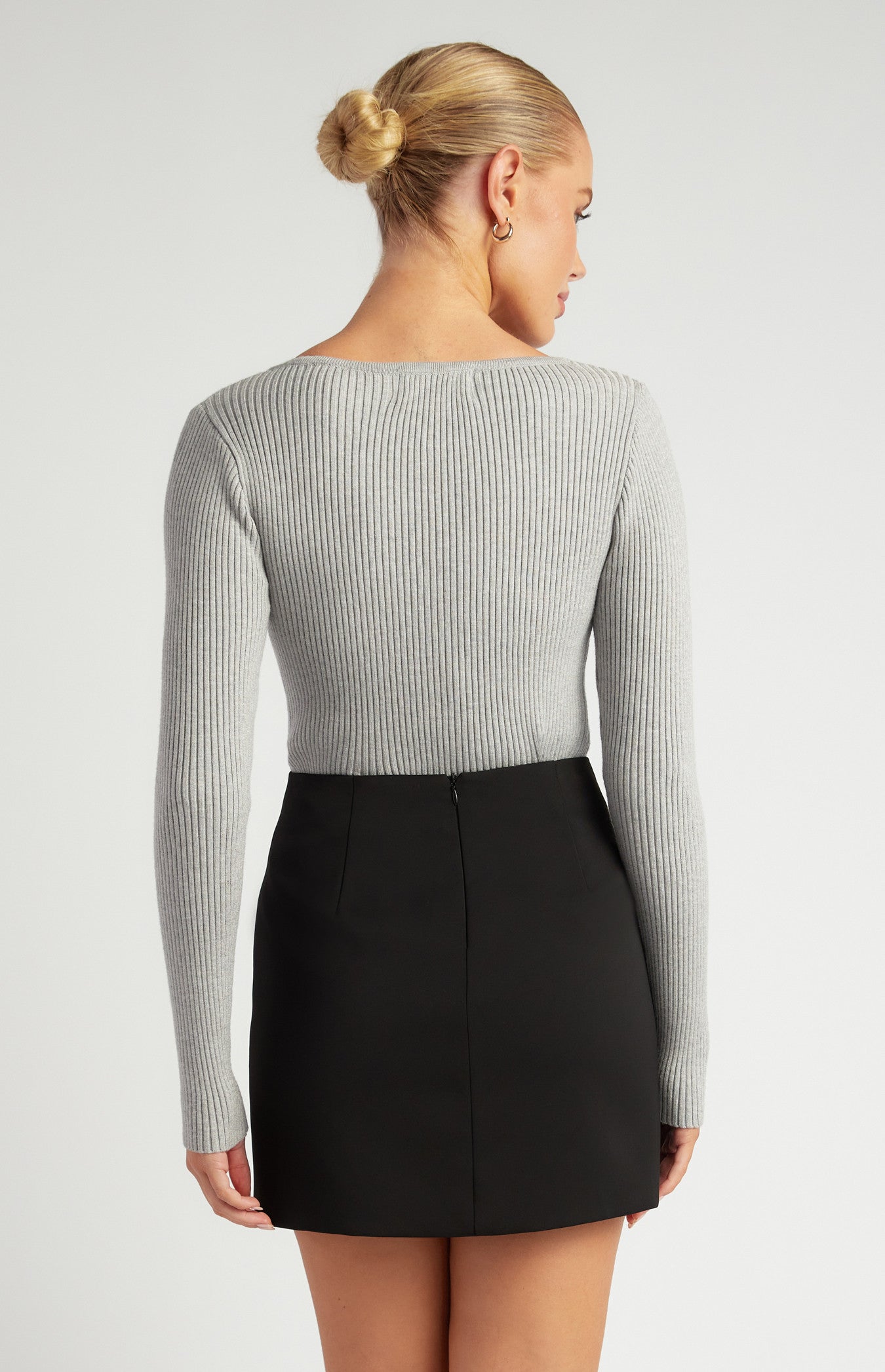 Double Ribbon Detail Neckline Knit Top - Grey Marl