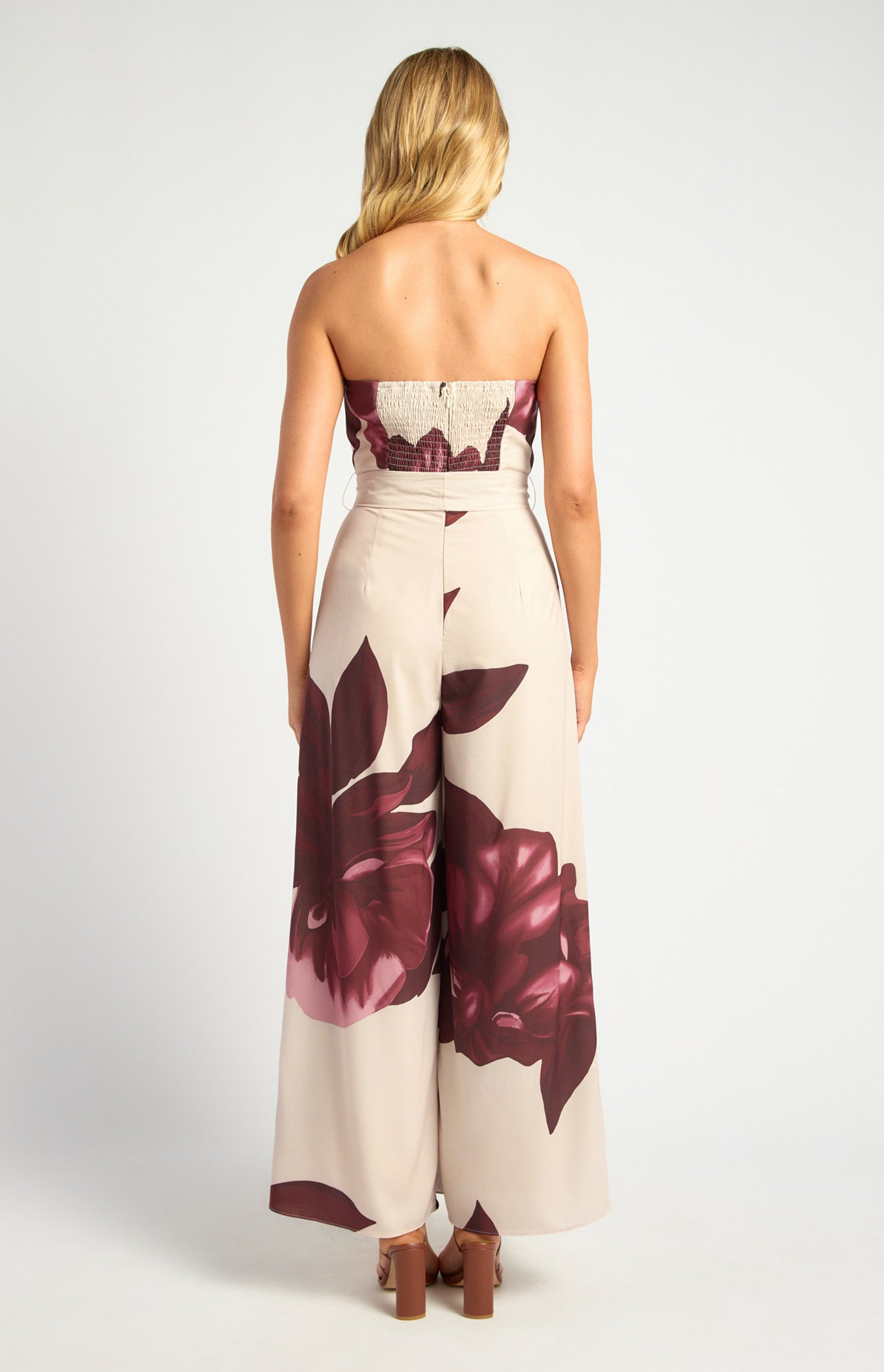 Strapless Wide Leg Jumpsuit - Floral Merlot
