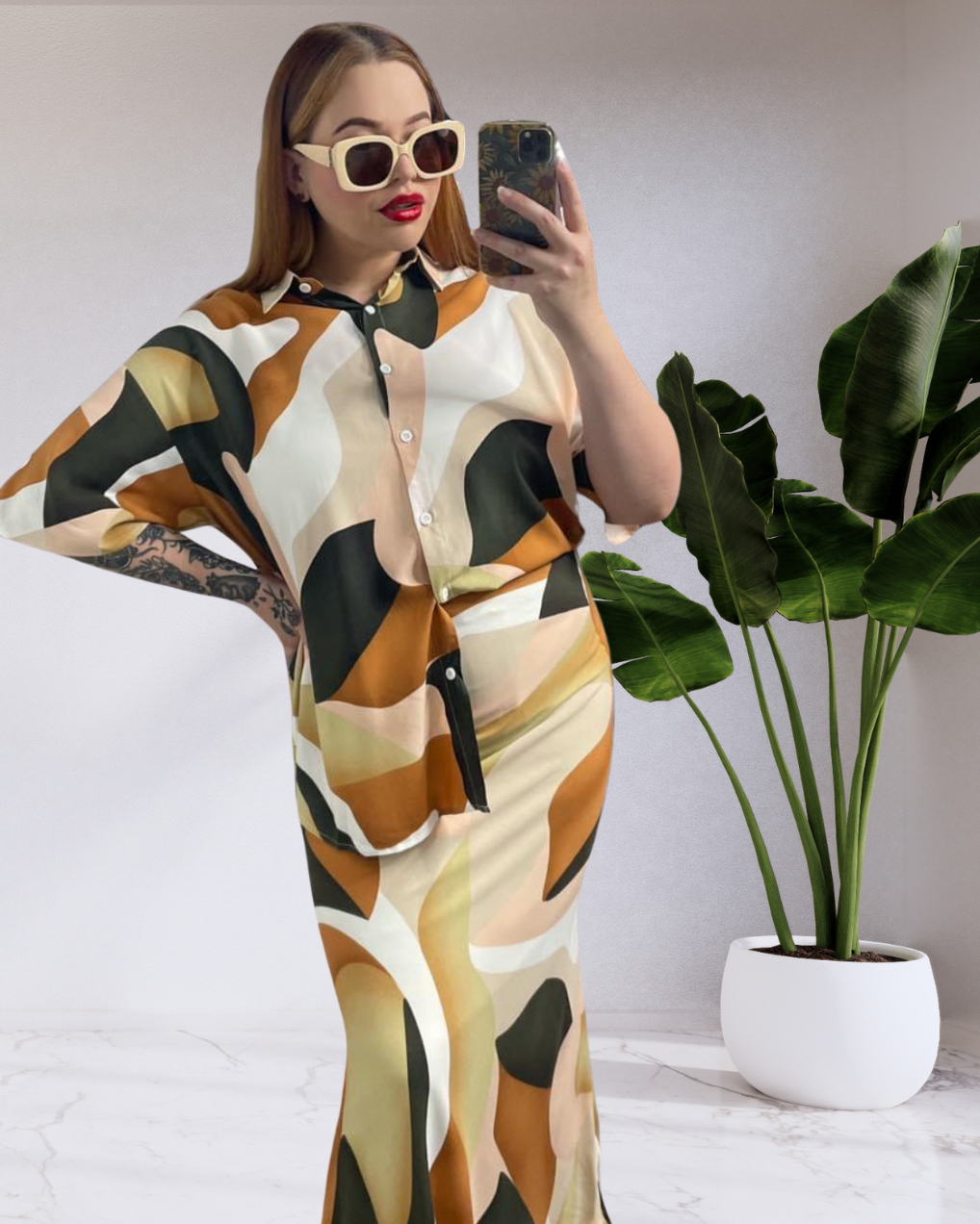 Renee By Frankie Shirt & Maxi Skirt Set - Brown Abstract