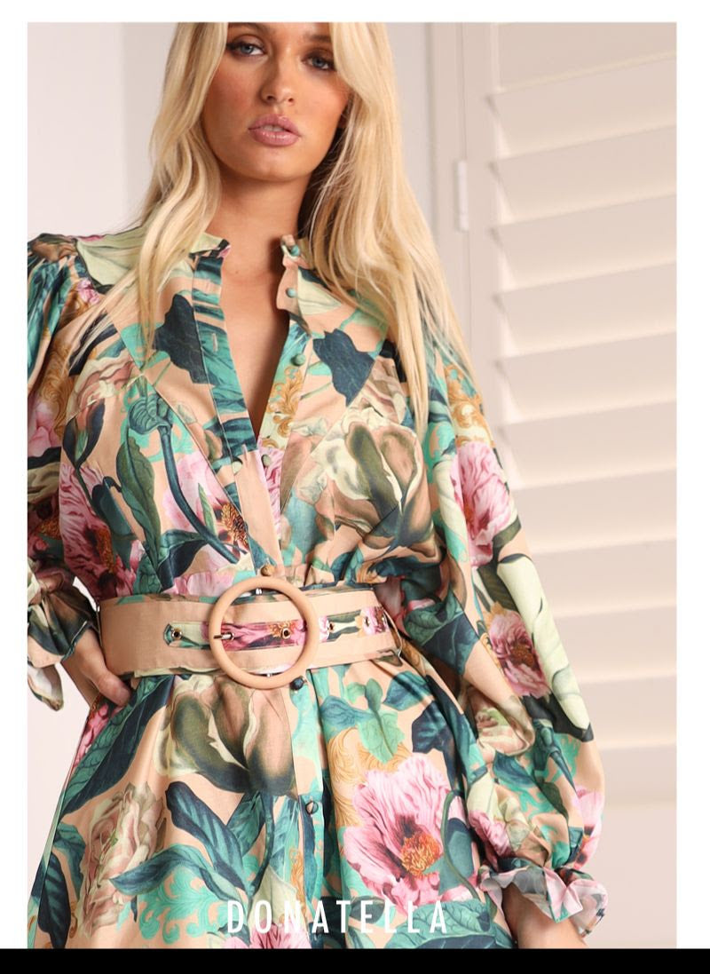 Donatella Long Sleeve Button Up Mini Dress - Mocha Rose