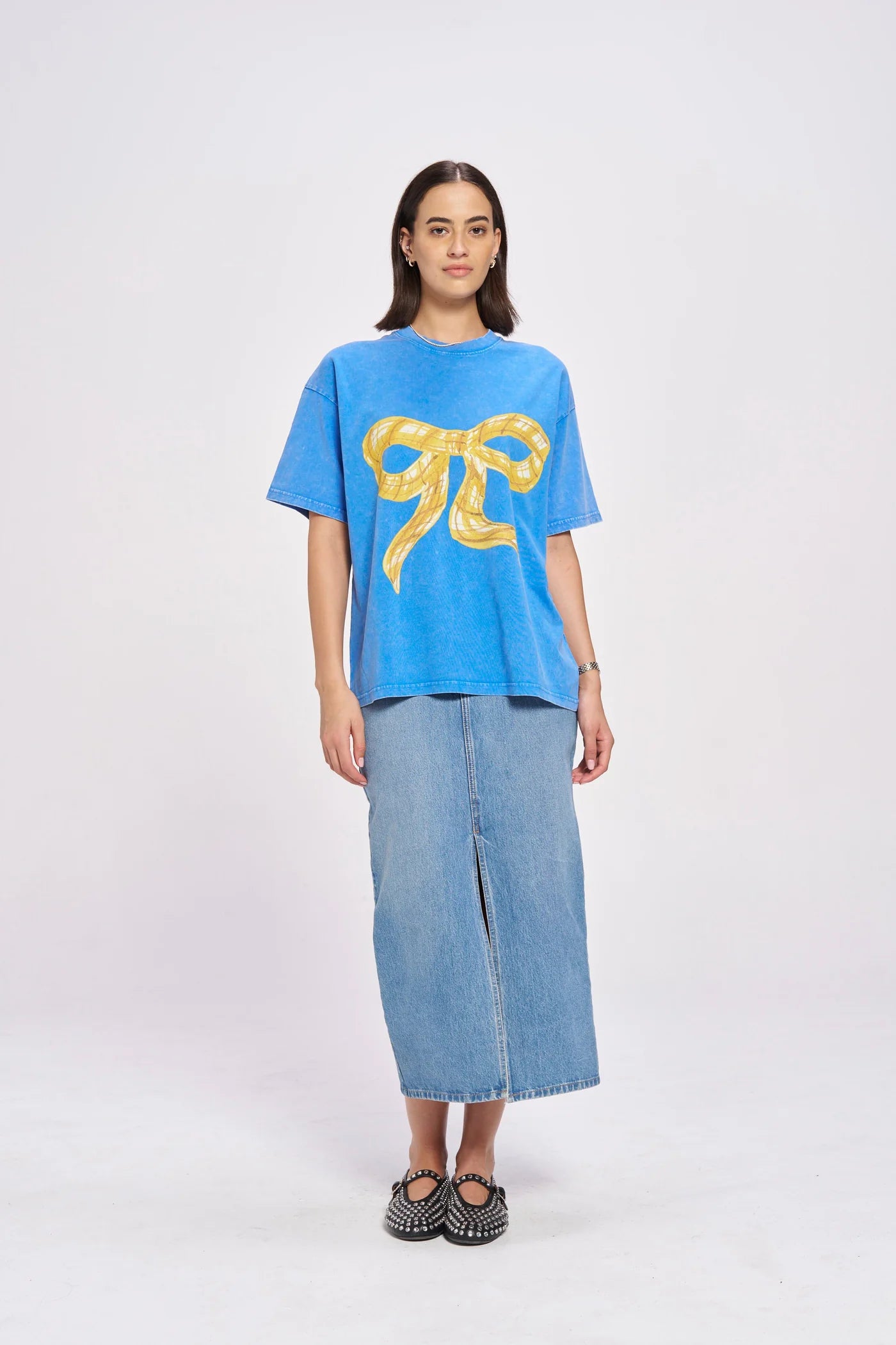 MAKU Big Bow Acid Wash Oversized Tee Shirt - Blue