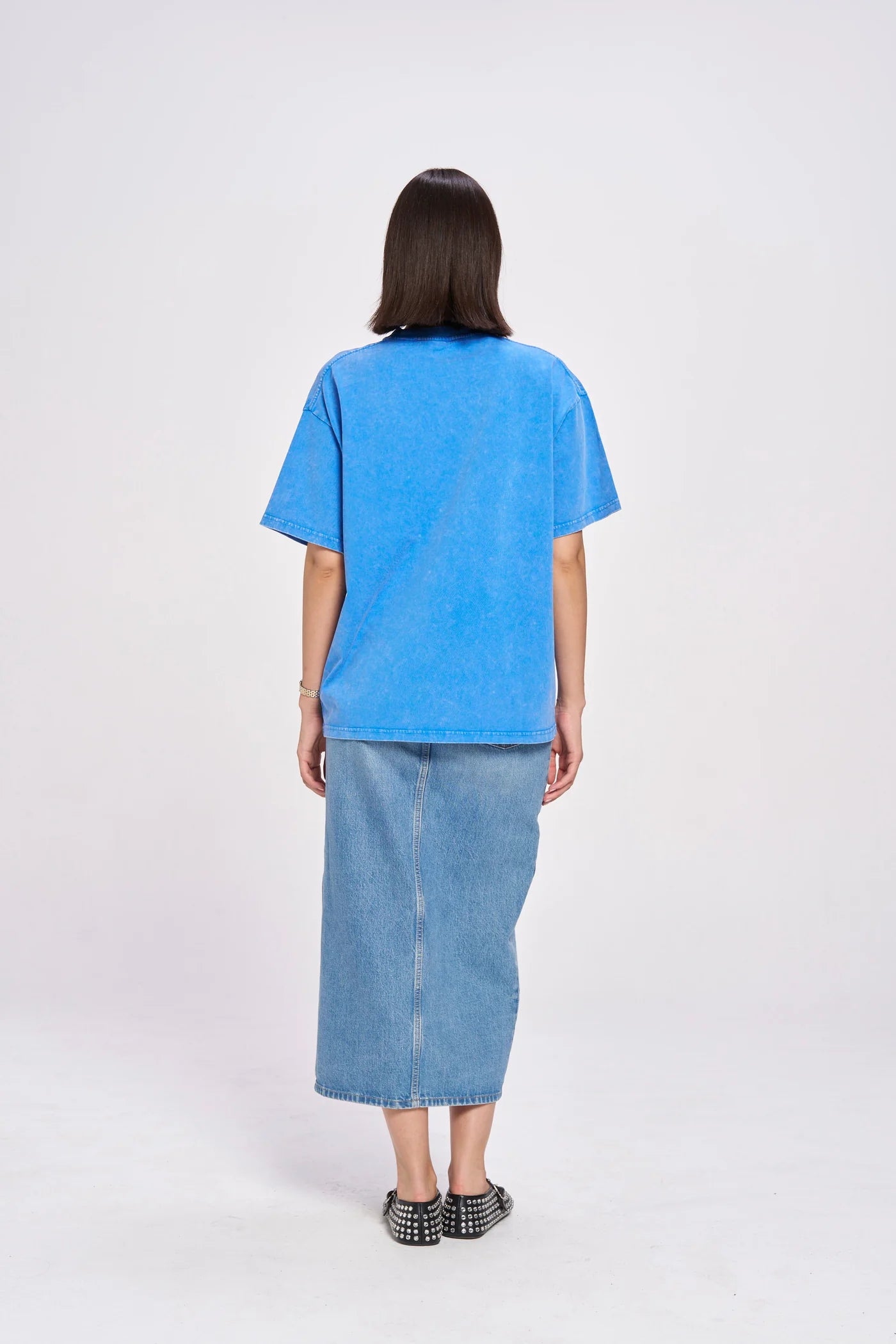 MAKU Big Bow Acid Wash Oversized Tee Shirt - Blue