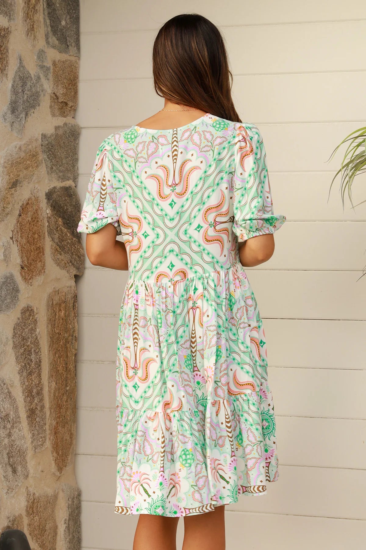 Luca Boho Floral Mini Dress - Green