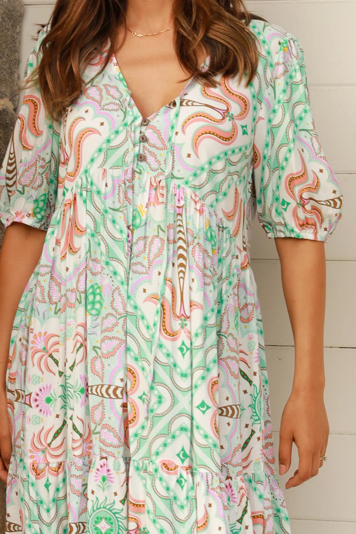 Luca Boho Floral Mini Dress - Green