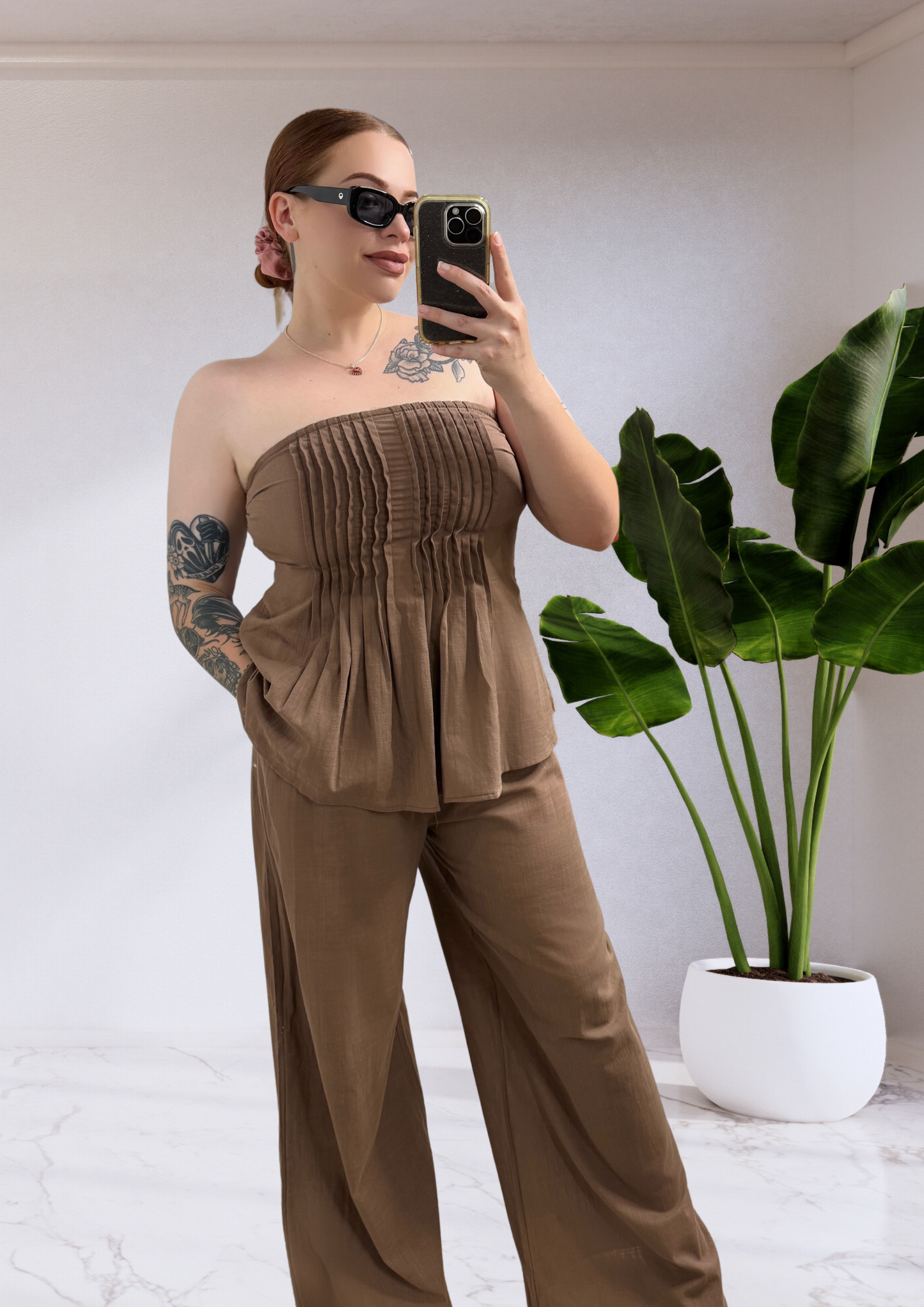 Kate Strapless Pleated Tube Top & Pants Set - Brown