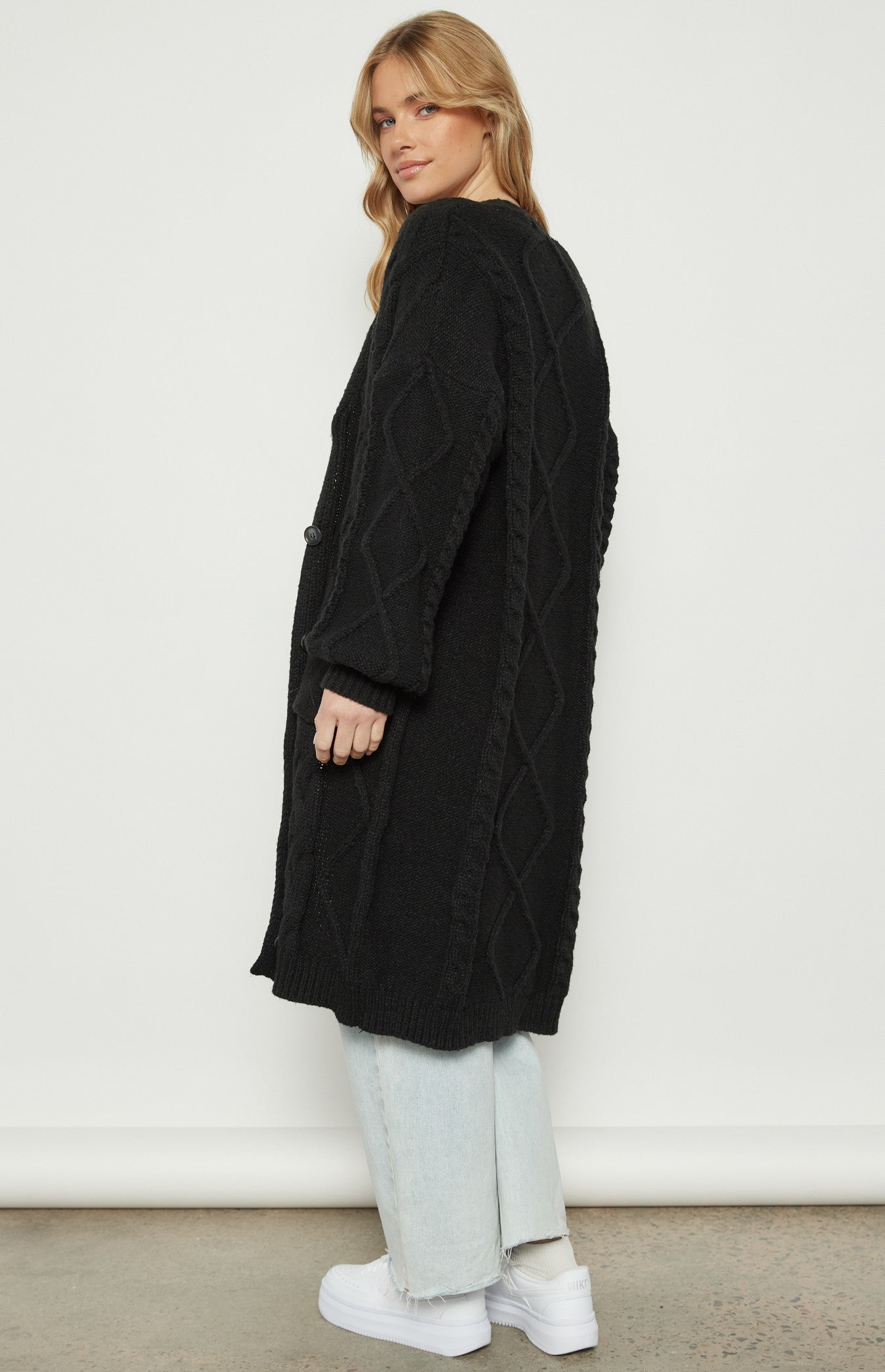 Cable Knit Long Cardigan with Buttons and Pocket - Black