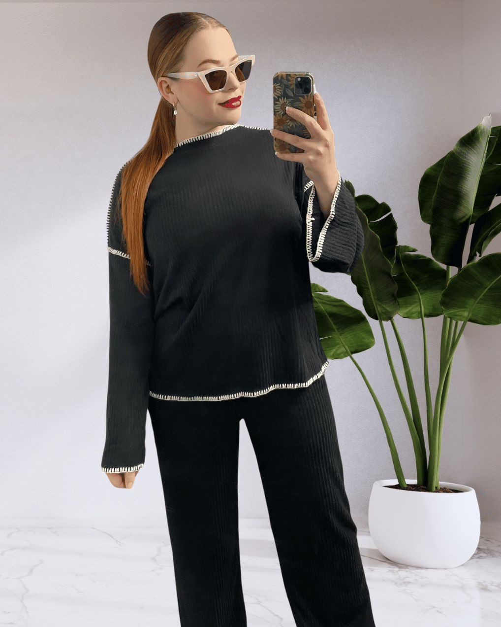 Kai By Frankie Rib Knit Long Sleeve & Pants Set - Black