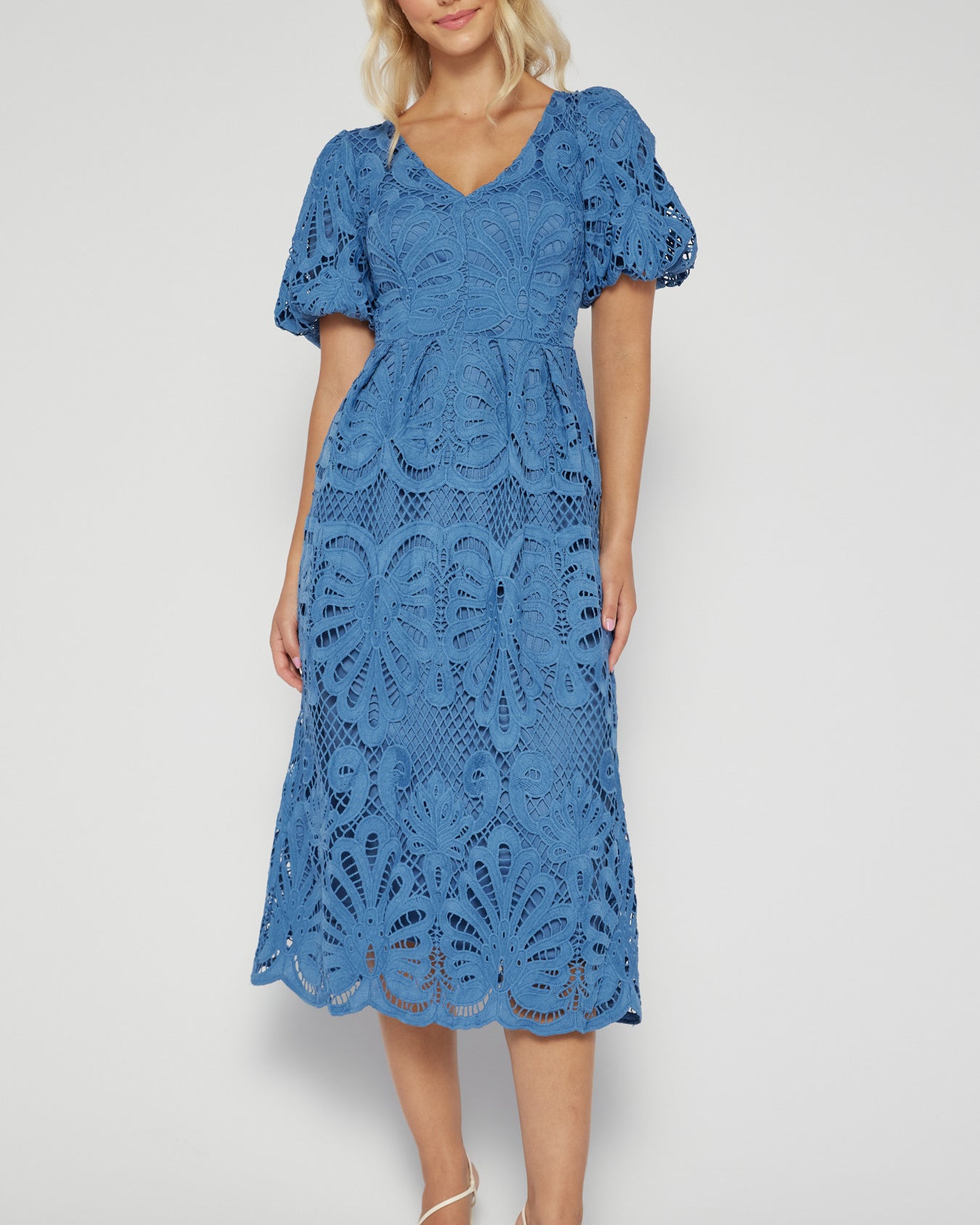 Evelyn Puff Sleeves V Neckline Lace Dress - Blue wedding formal party