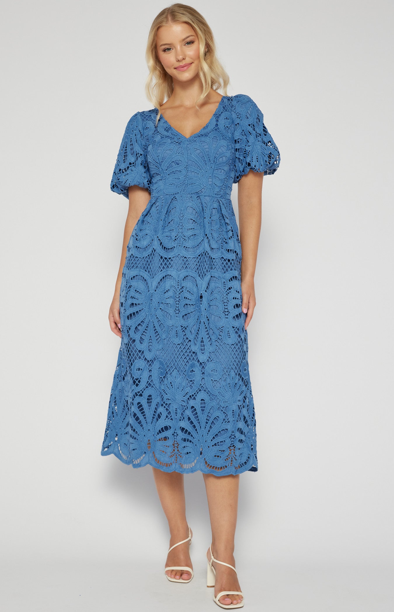 Evelyn Puff Sleeves V Neckline Lace Dress - Blue wedding formal party