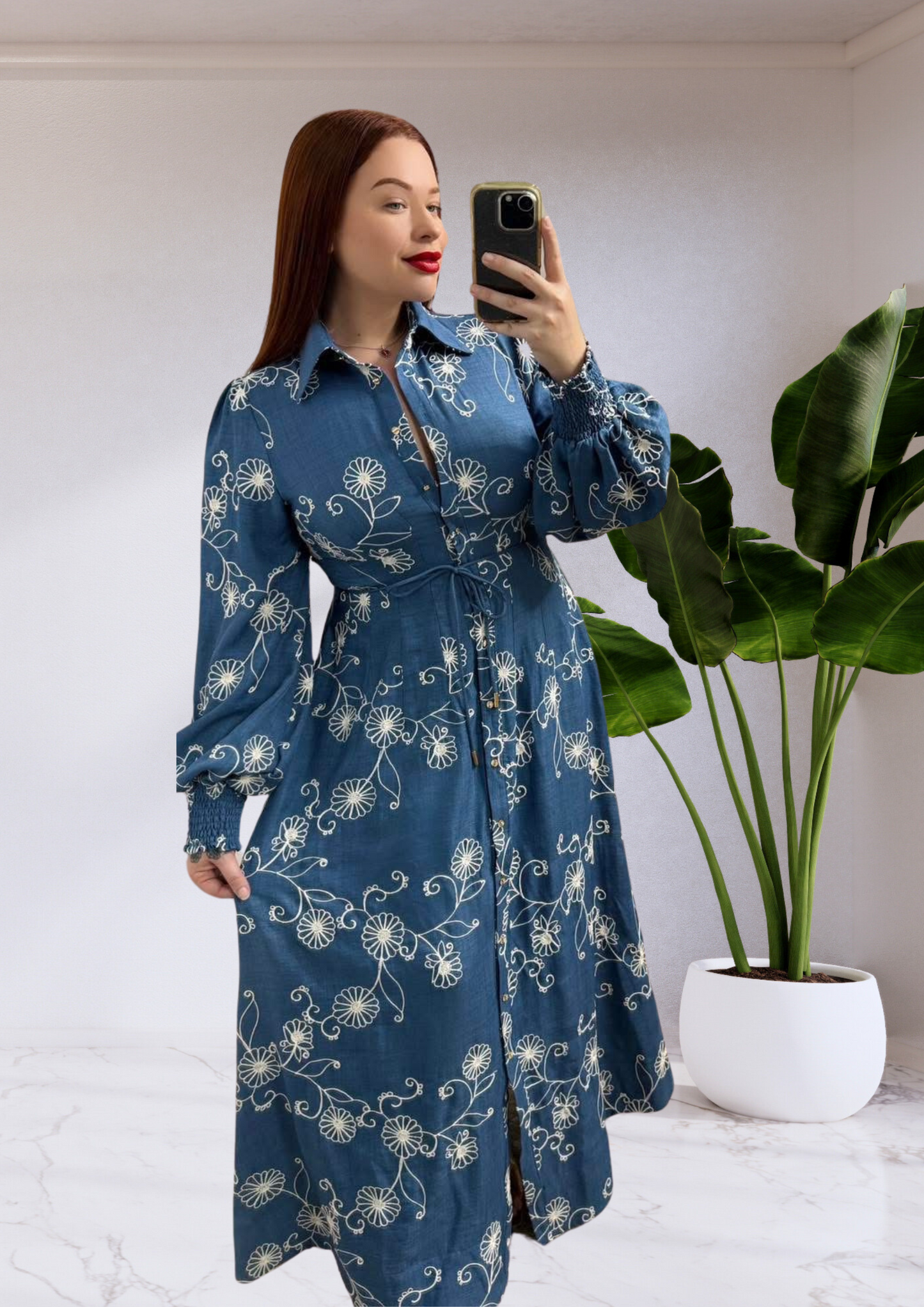 Blair Button Up Maxi Dress - Blue Embroidered