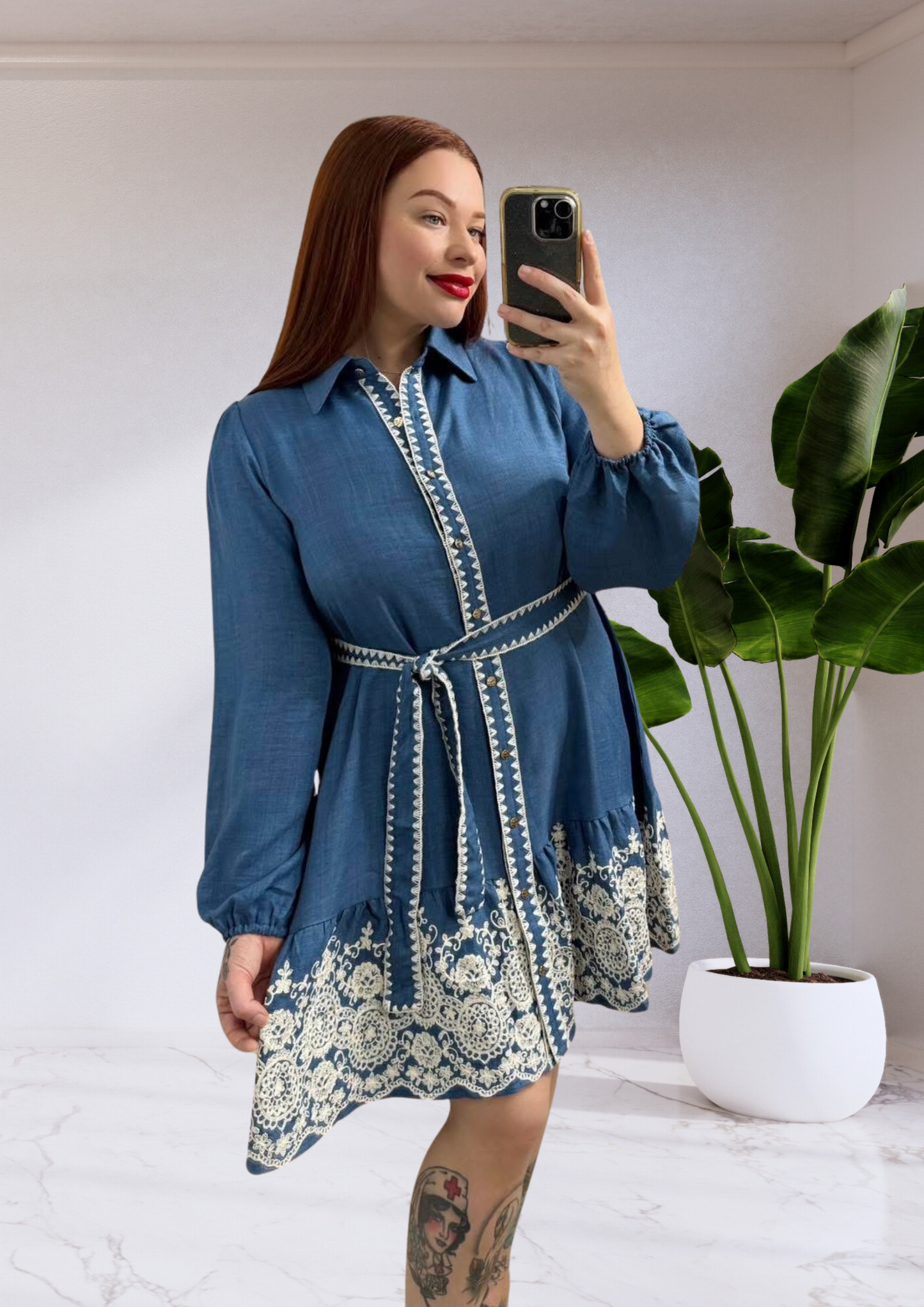 Kylie Long Sleeve Button Up Mini Dress - Blue Embroidered