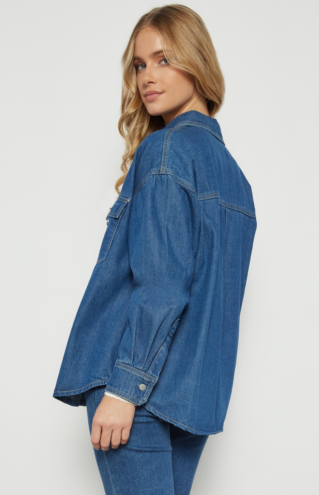 Denim Button Up Shacket with Front Pockets - Blue