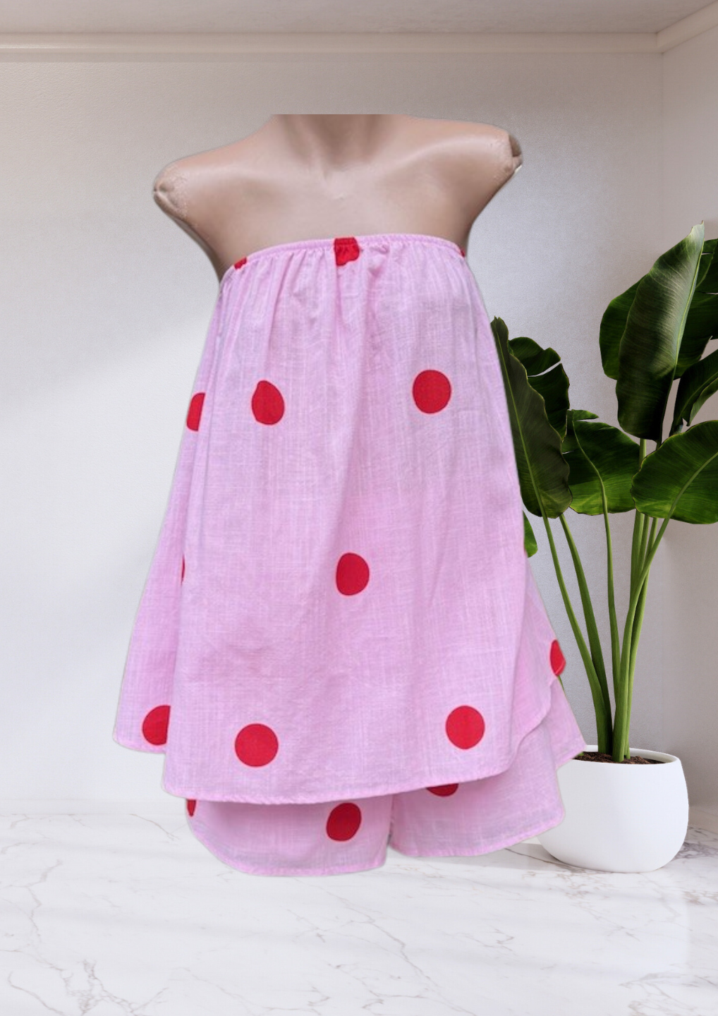 Bella Strapless Top & Pants Set Pink/Red Polka Dot
