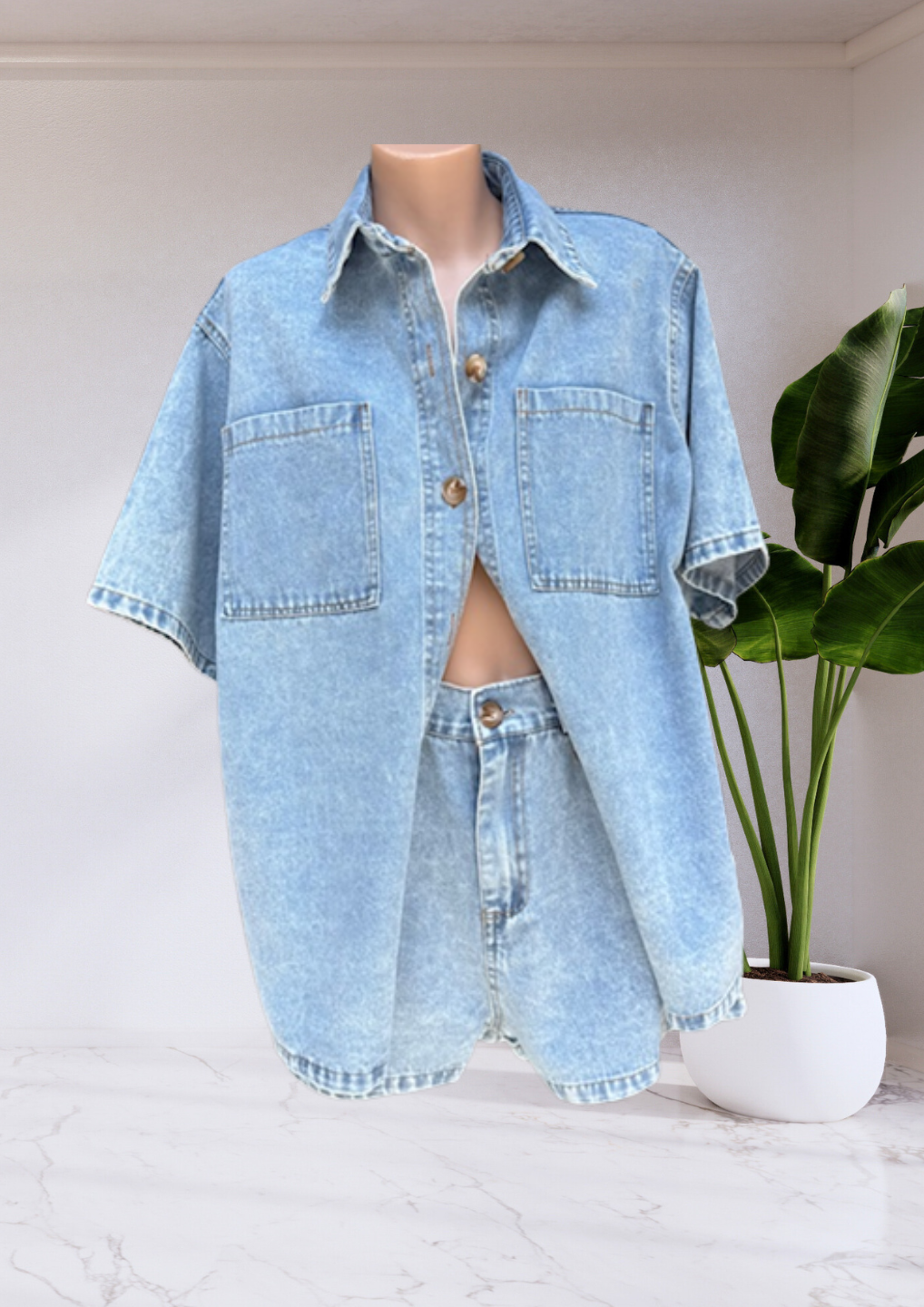Leah Denim Shirt & Shorts Set Acid Blue