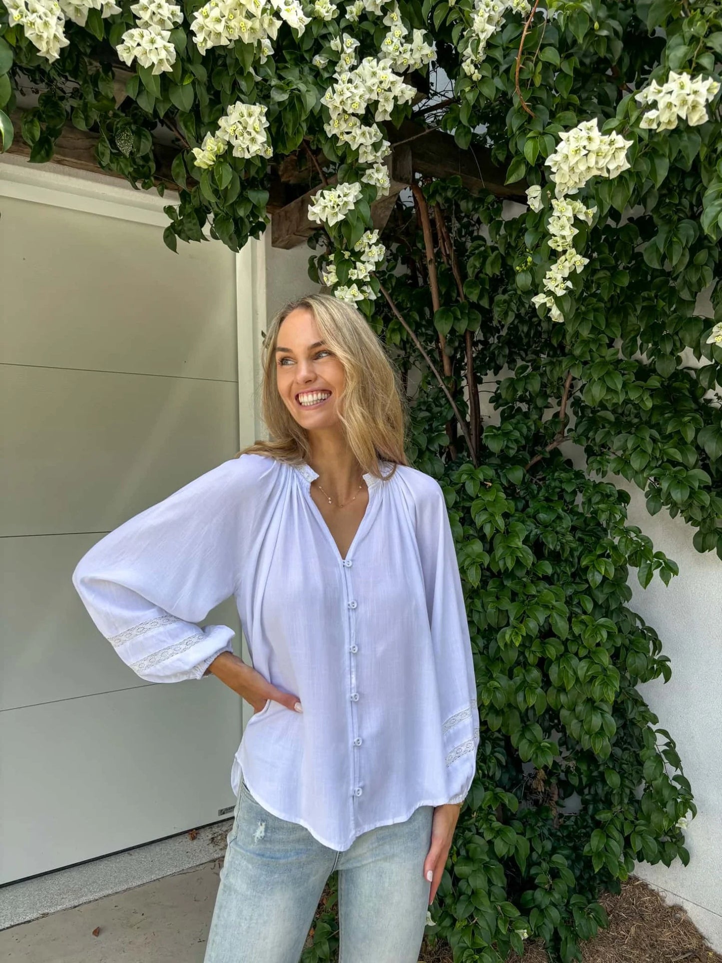 FALLON LONG SLEEVE BUTTON UP BLOUSE TOP - WHITE