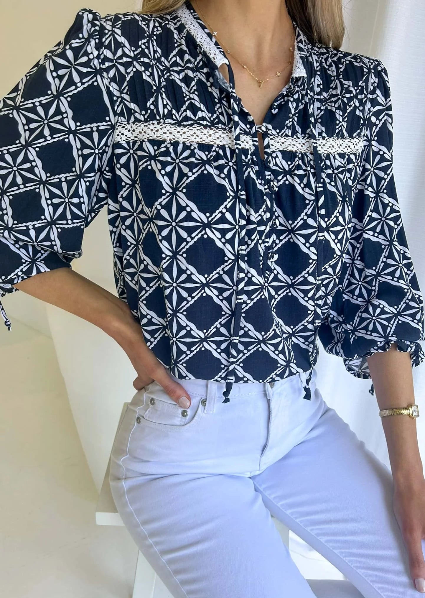 BOWIE LONG SLEEVE BLOUSE TOP - MIDNIGHT REFLECTIONS: NAVY