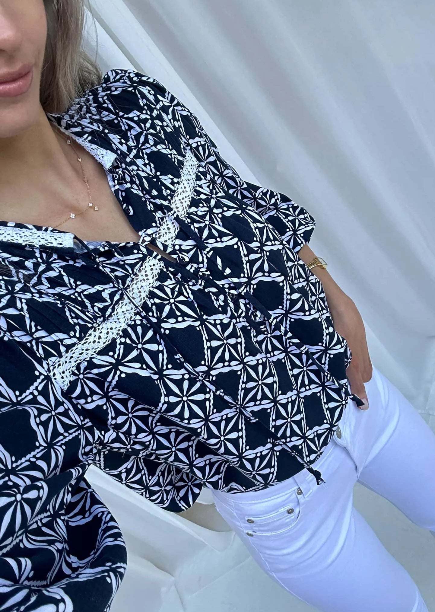 BOWIE LONG SLEEVE BLOUSE TOP - MIDNIGHT REFLECTIONS: NAVY