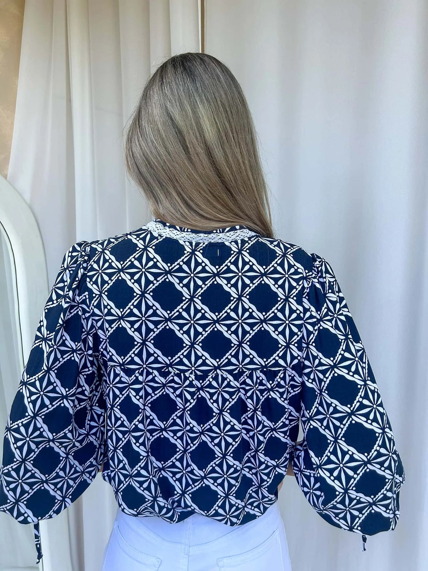 BOWIE LONG SLEEVE BLOUSE TOP - MIDNIGHT REFLECTIONS: NAVY