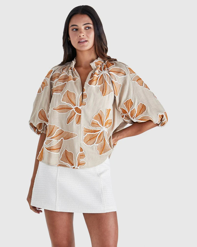 Finley Balloon Sleeve Top - Tan/Orange