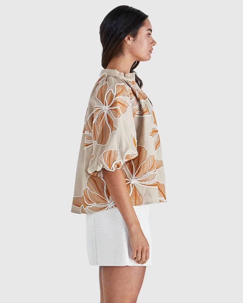 Finley Balloon Sleeve Top - Tan/Orange