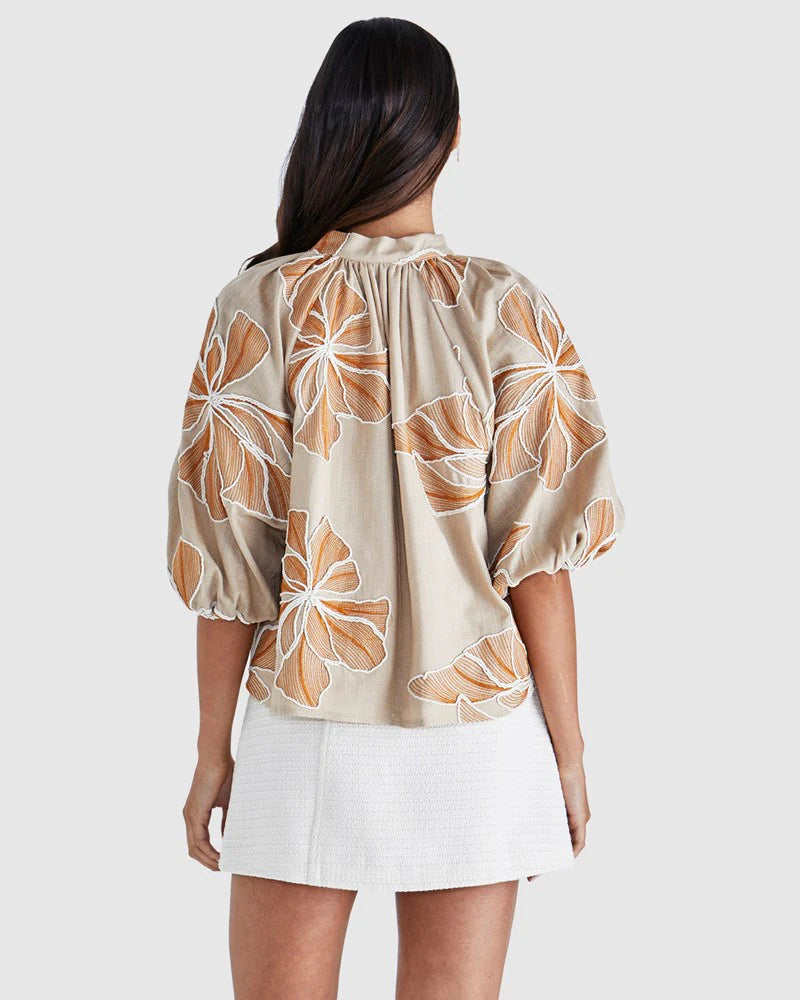 Finley Balloon Sleeve Top - Tan/Orange