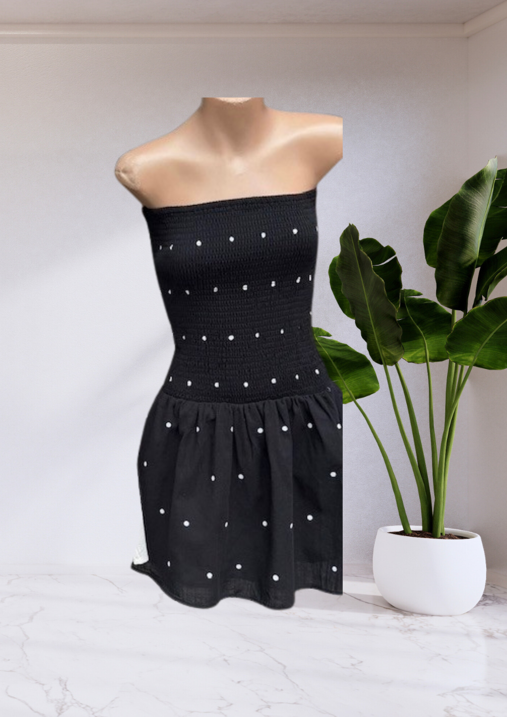 Stacey Mini Polka Dot Shirred Mini Dress Black