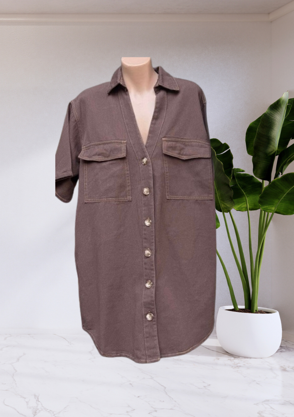 Cass Button Up Denim Shirt Mini Dress - Choc Brown | By Frankie