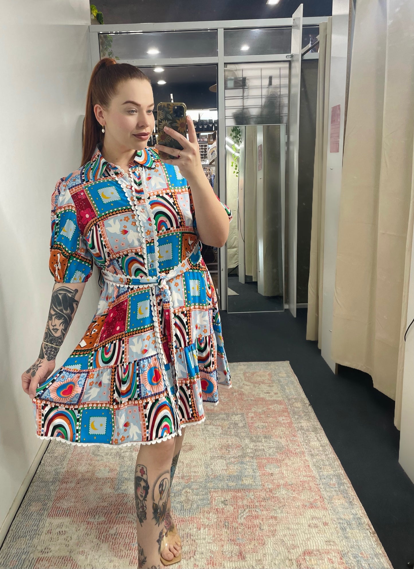 Blair Short Sleeve Button Up Mini Dress - Rainbow Dove