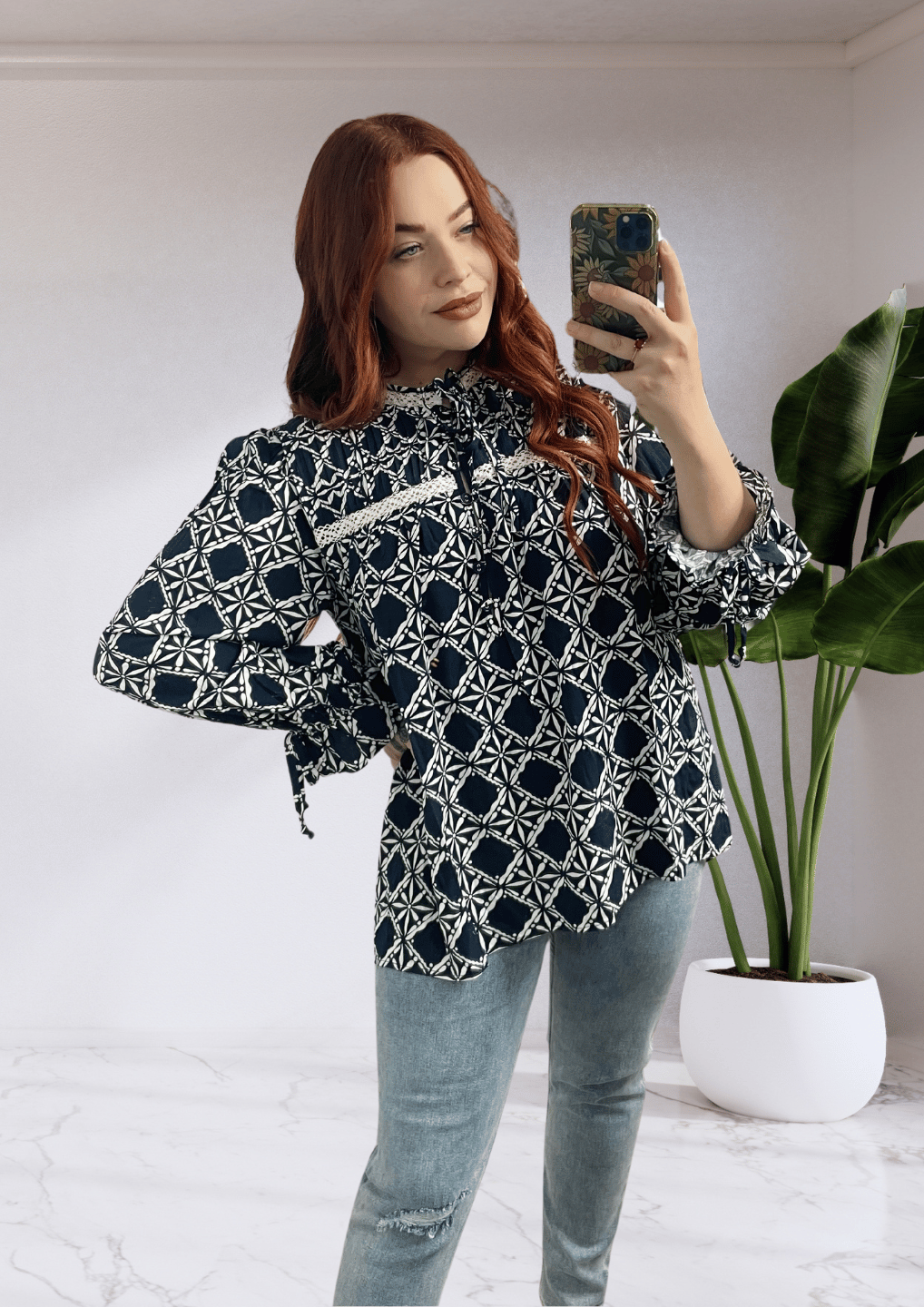 BOWIE LONG SLEEVE BLOUSE TOP - MIDNIGHT REFLECTIONS: NAVY