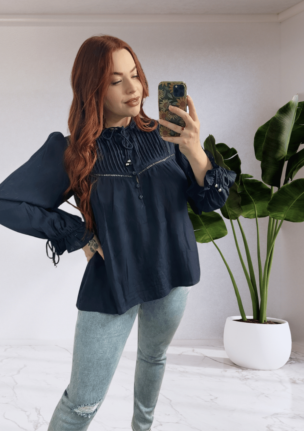BOWIE LONG SLEEVE BLOUSE TOP - NAVY