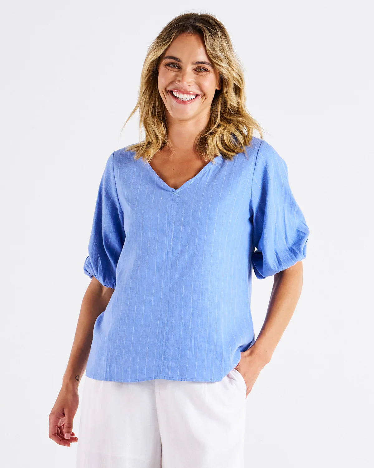 Elanora V-Neck Linen Blouse - Berry Blue Stripe