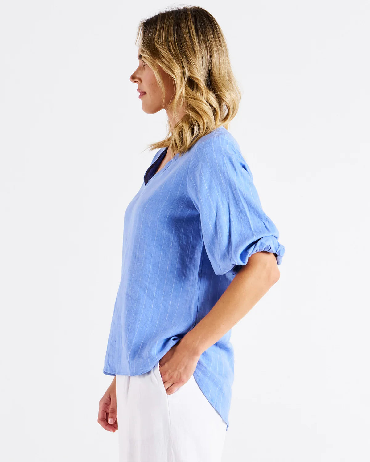 Elanora V-Neck Linen Blouse - Berry Blue Stripe