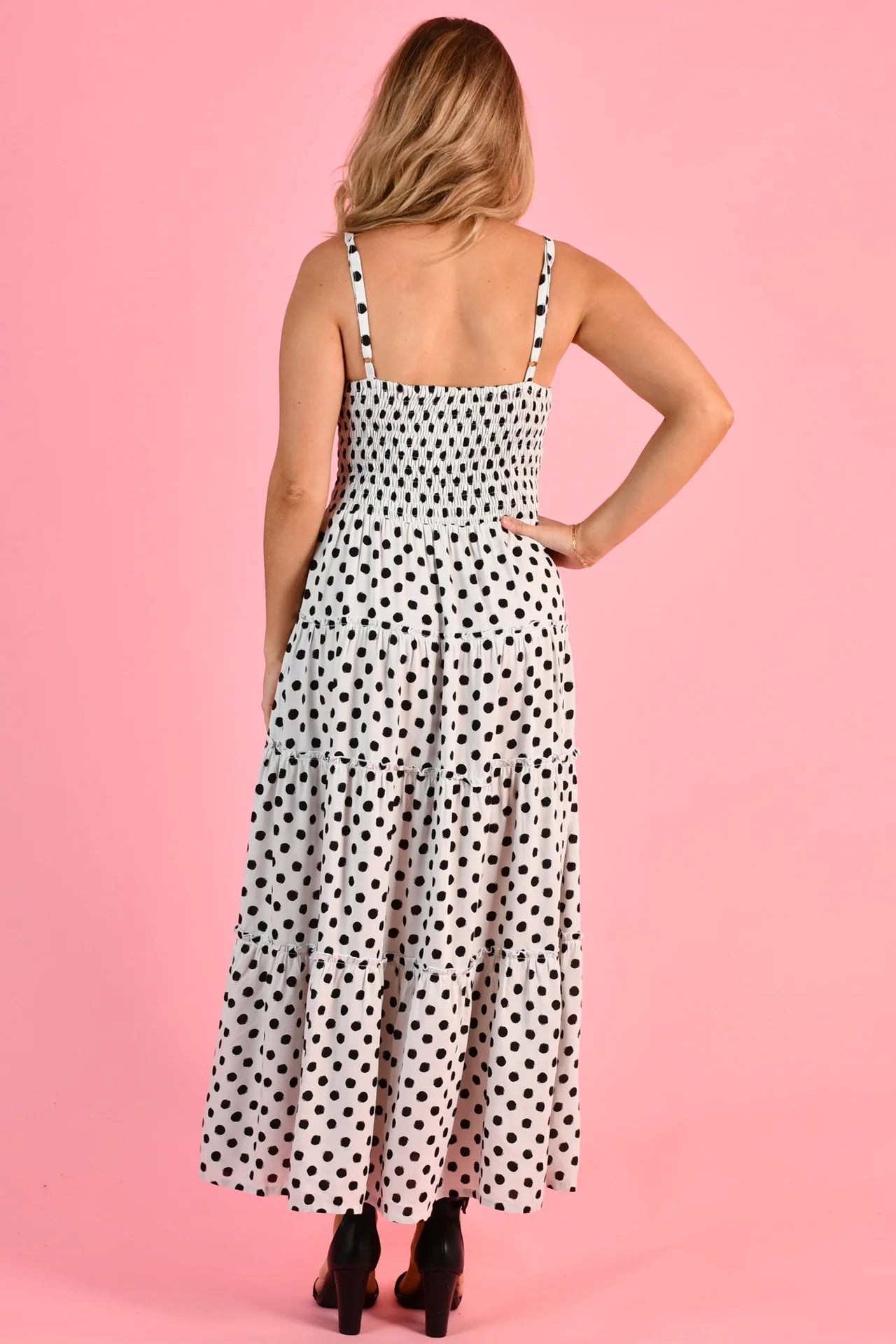 Jolene Shirred Bust Maxi Dress - Polka Dot Black