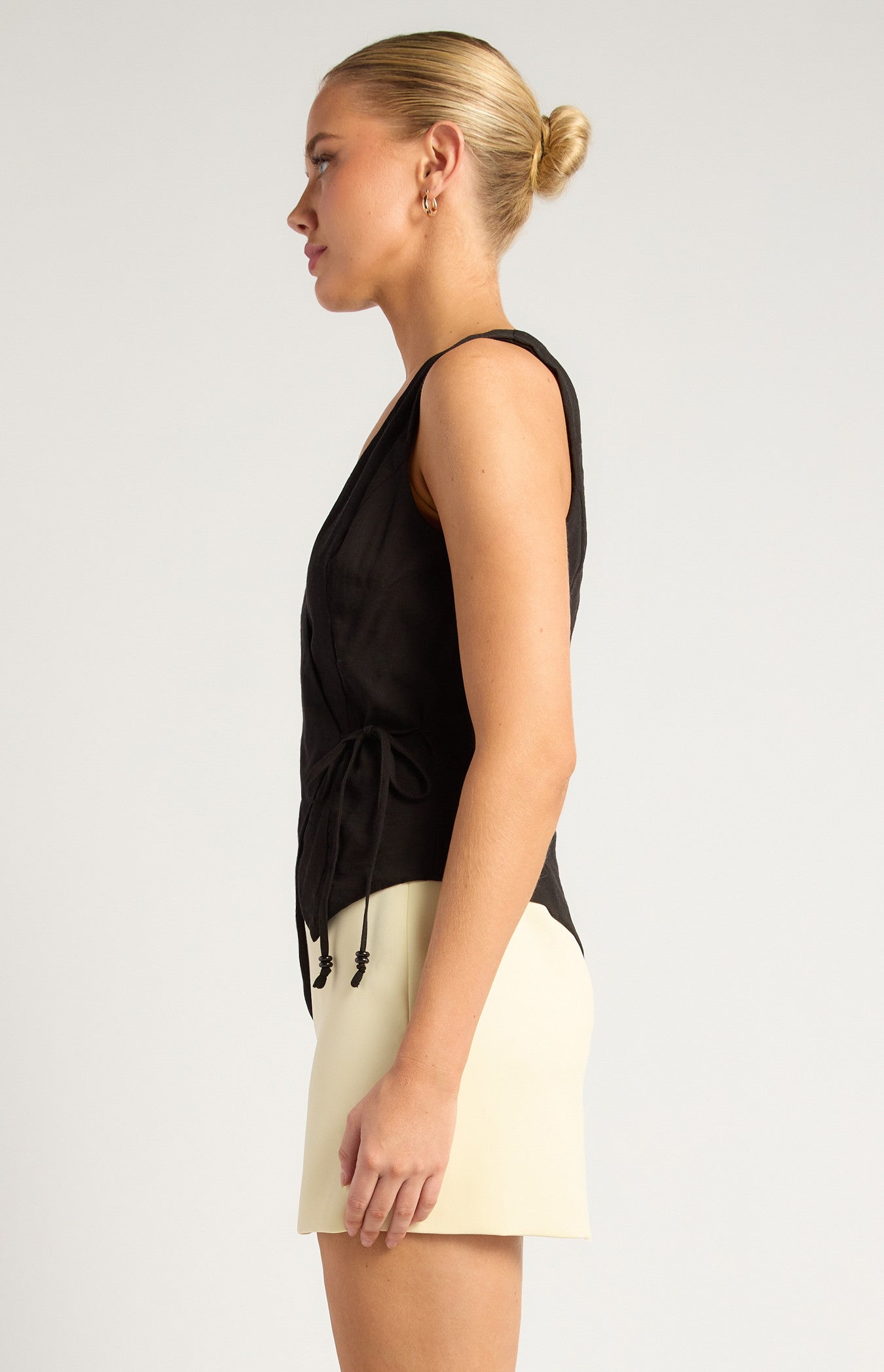 Textured Fabric Wrap Top With Beaded Toggles Shirt - Black