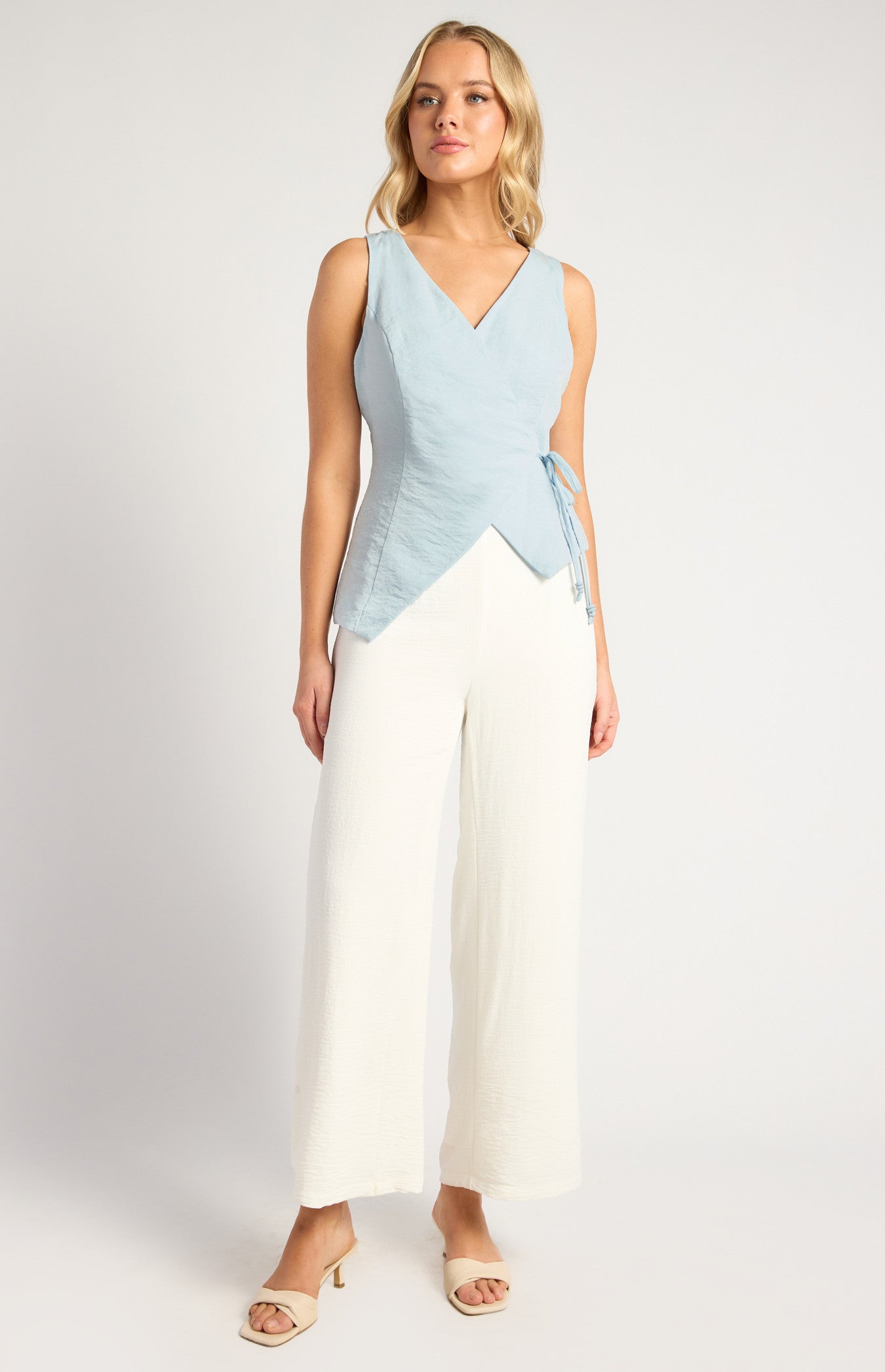 Textured Fabric Wrap Top With Beaded Toggles Shirt - Pale Blue
