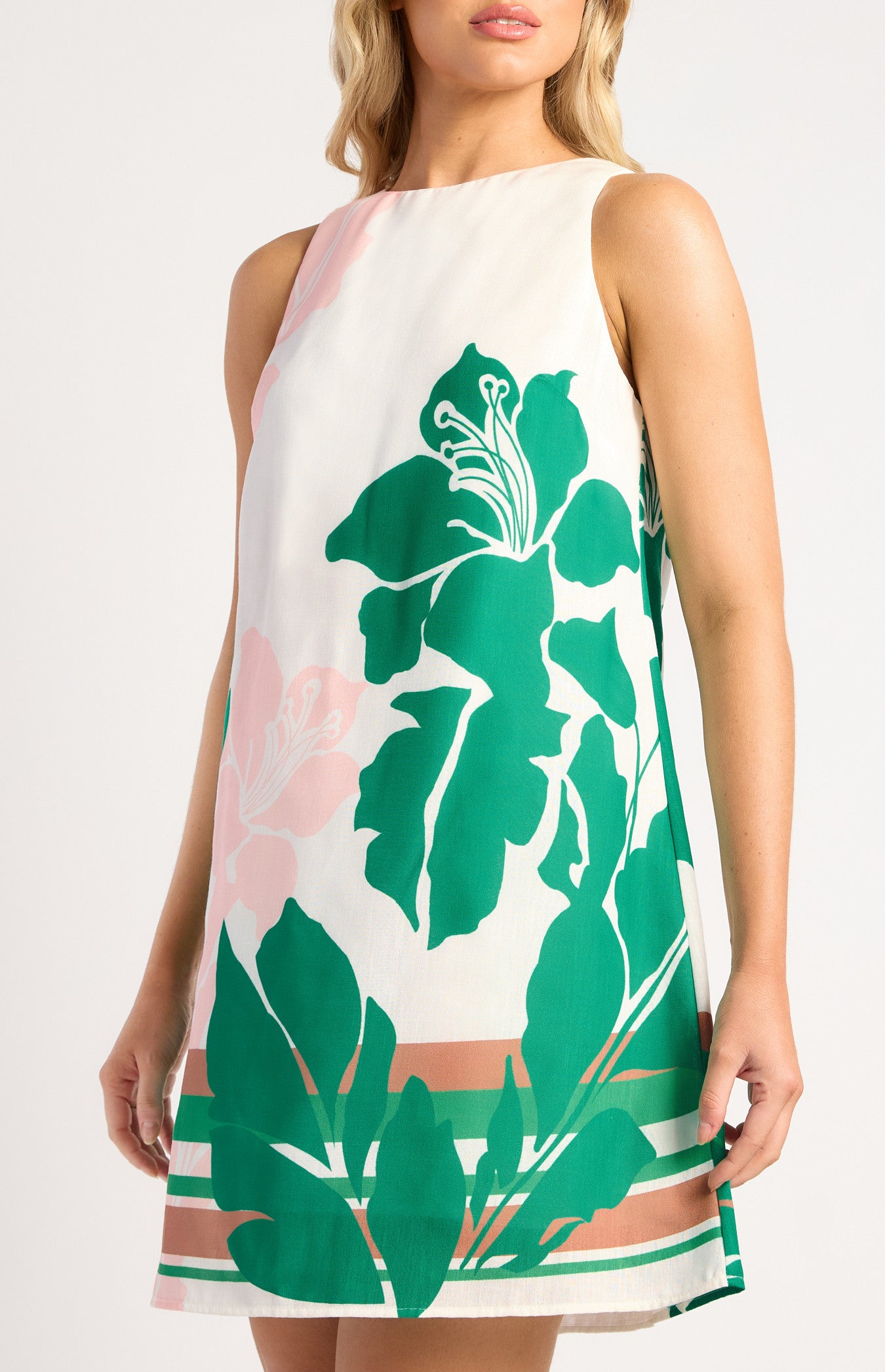 Lisa Faux Linen Placement Print Shift Dress - Green