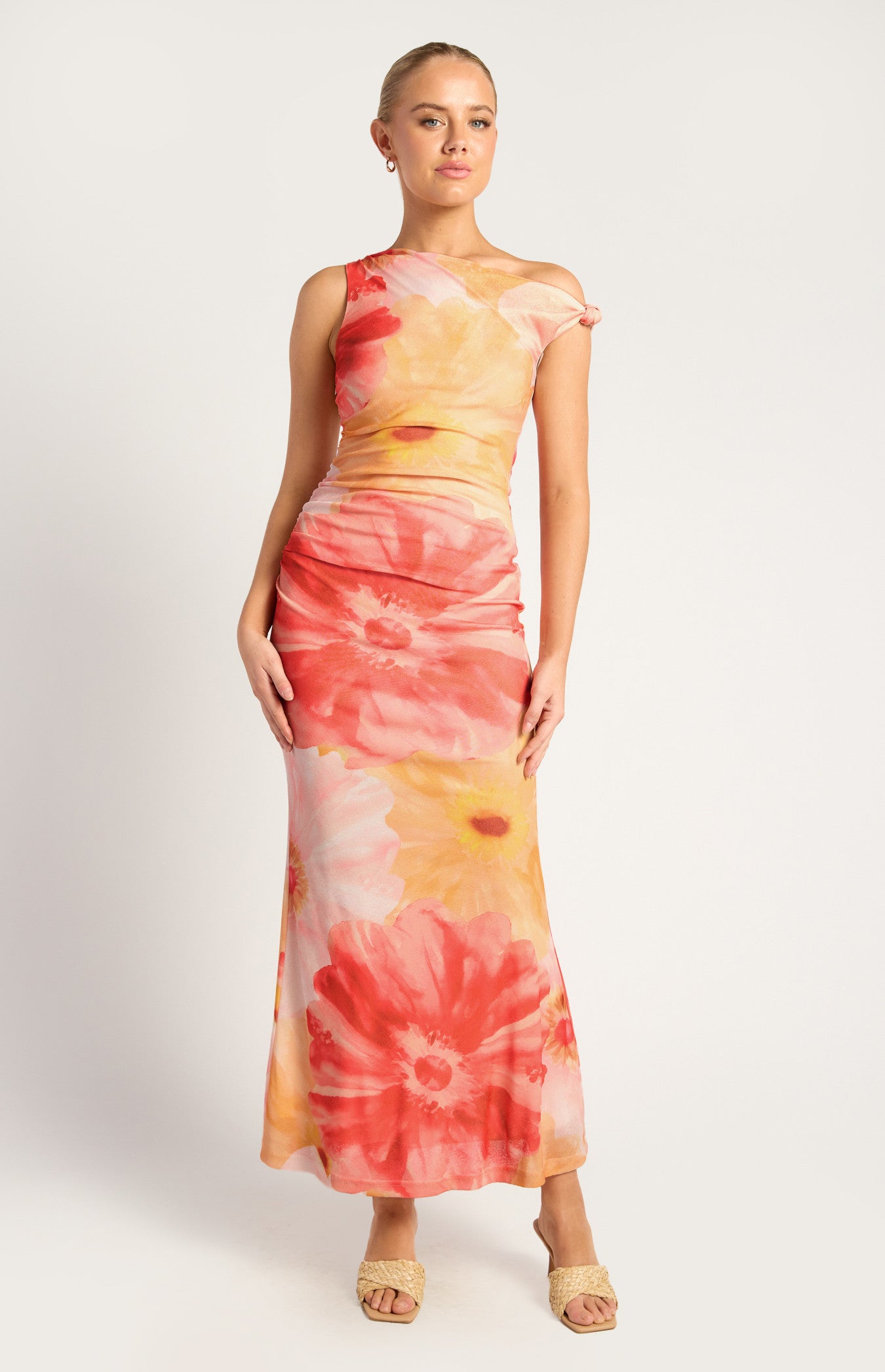 Floral Print Asymmetric Neckline Tissue Jersey Maxi Dress - Coral Yellow