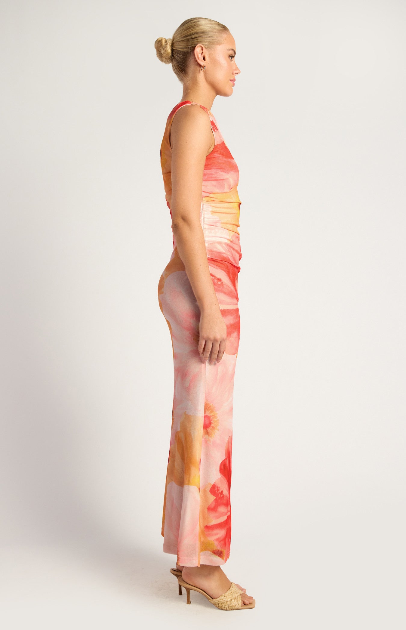 Floral Print Asymmetric Neckline Tissue Jersey Maxi Dress - Coral Yellow