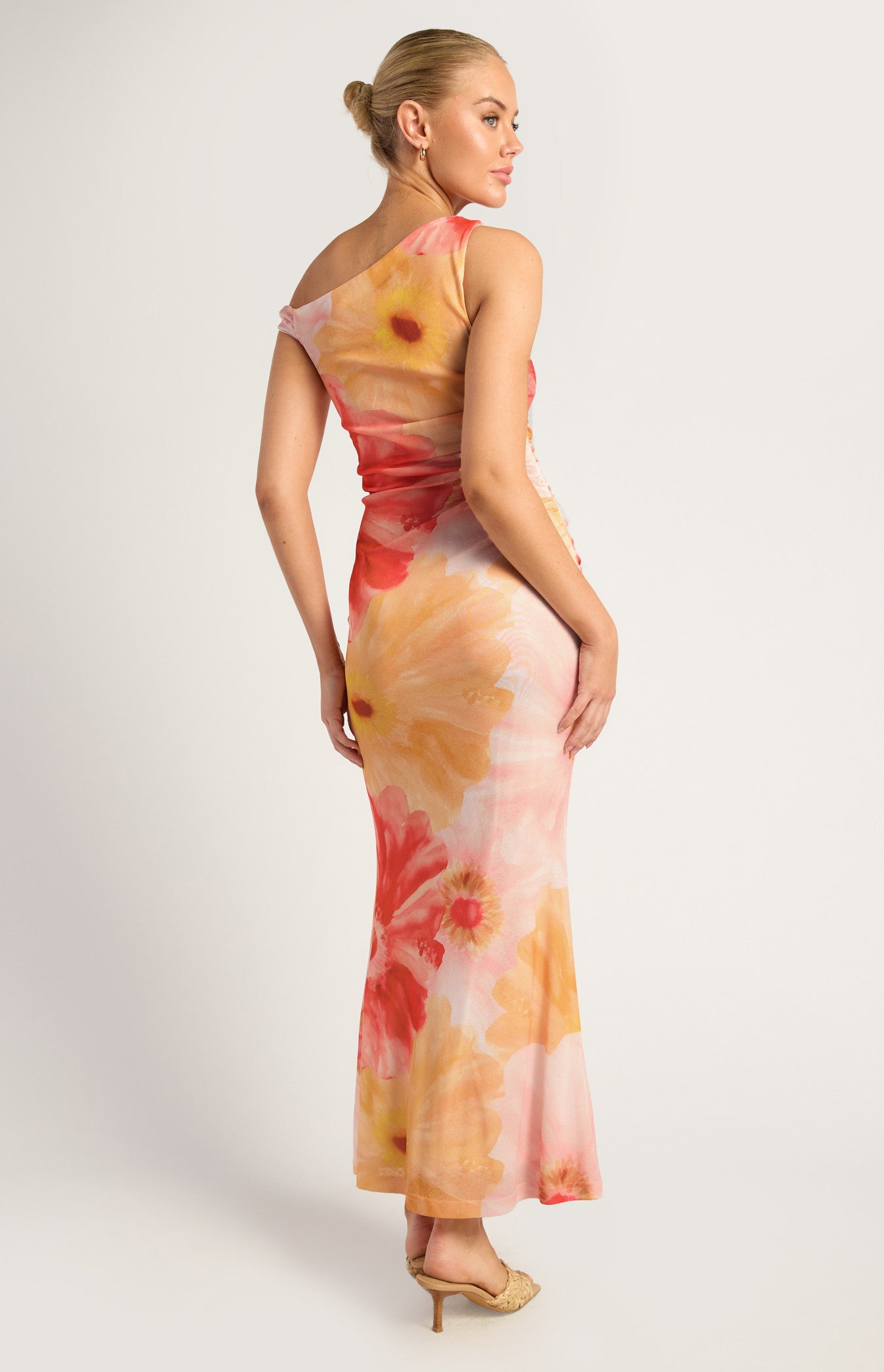 Floral Print Asymmetric Neckline Tissue Jersey Maxi Dress - Coral Yellow
