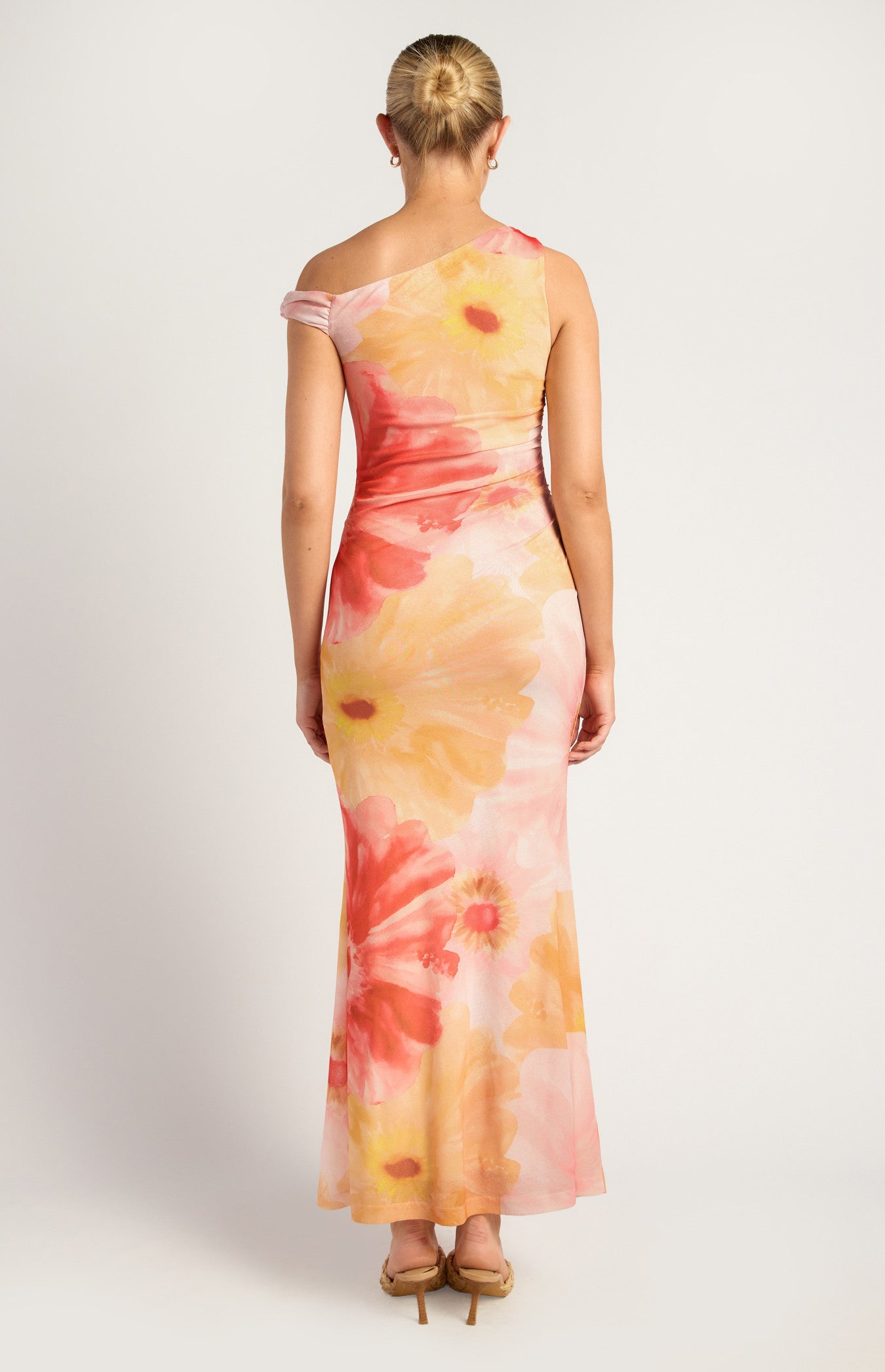Floral Print Asymmetric Neckline Tissue Jersey Maxi Dress - Coral Yellow