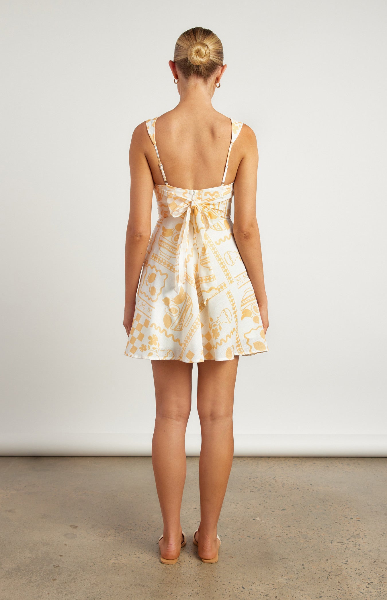 Harriet Tie Back Detail Mini Dress - Lemon Stamp Print