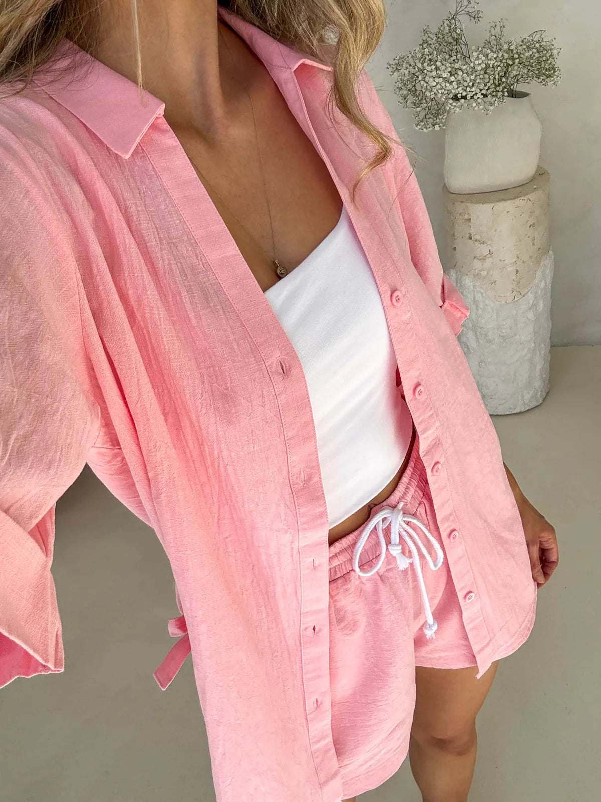Aria Button Up Shirt and Shorts Set - Pink