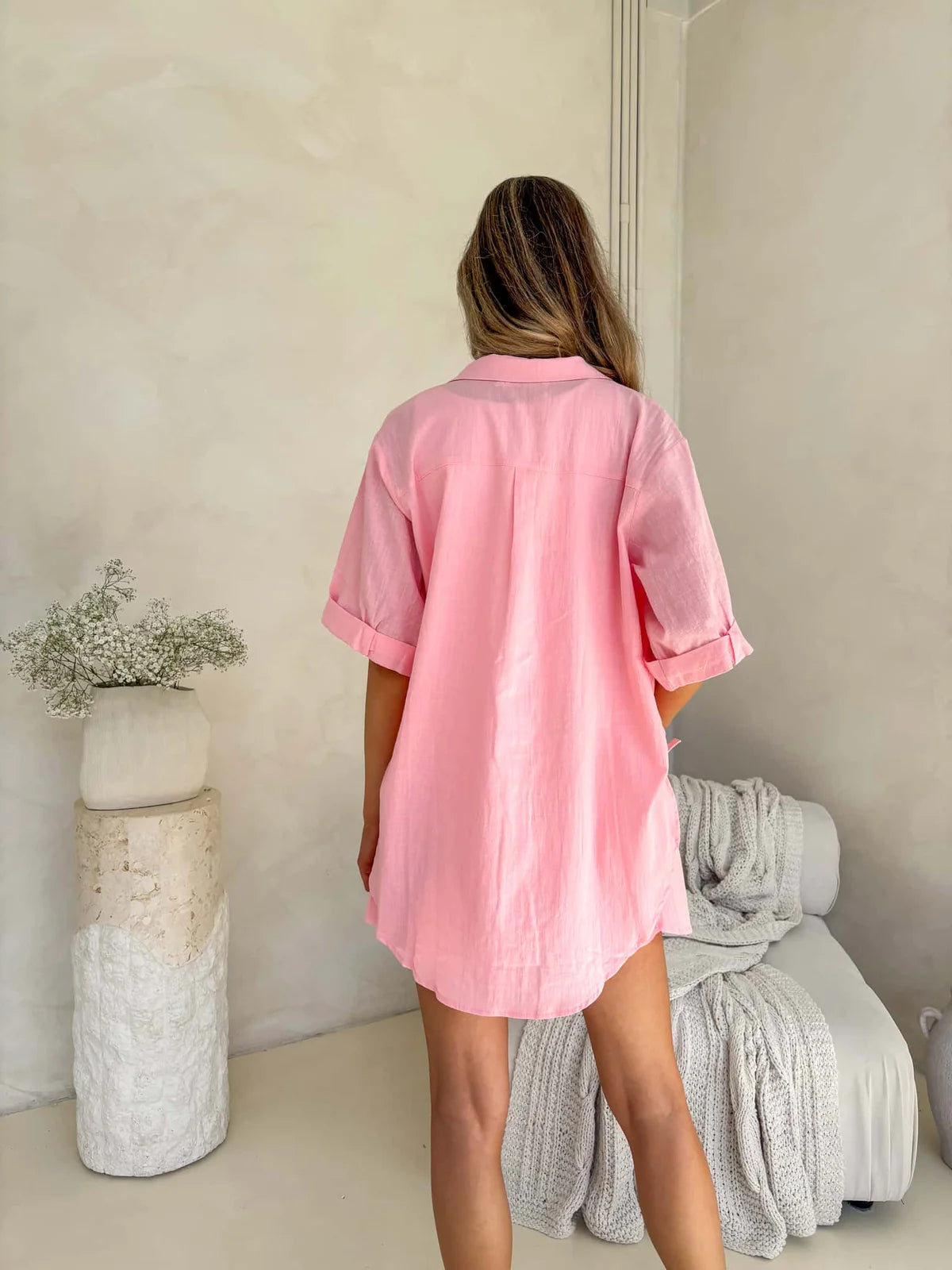 Aria Button Up Shirt and Shorts Set - Pink