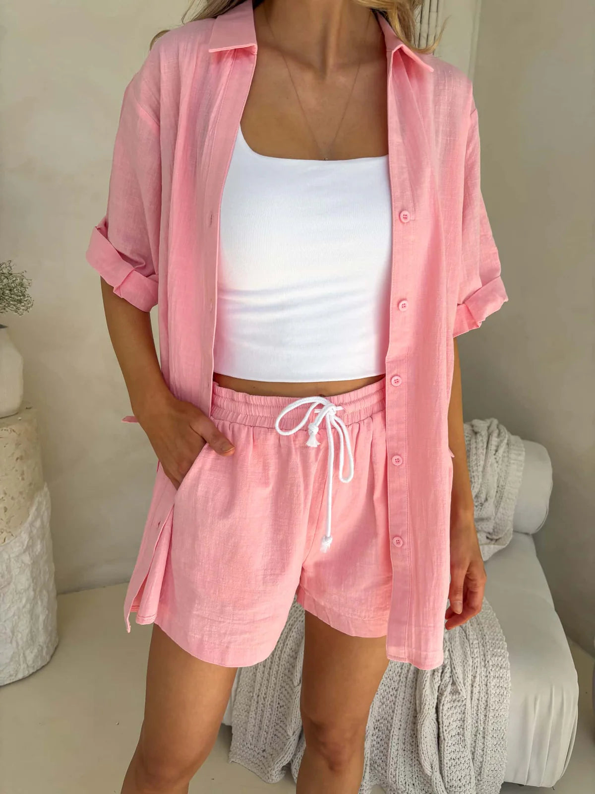 Aria Button Up Shirt and Shorts Set - Pink