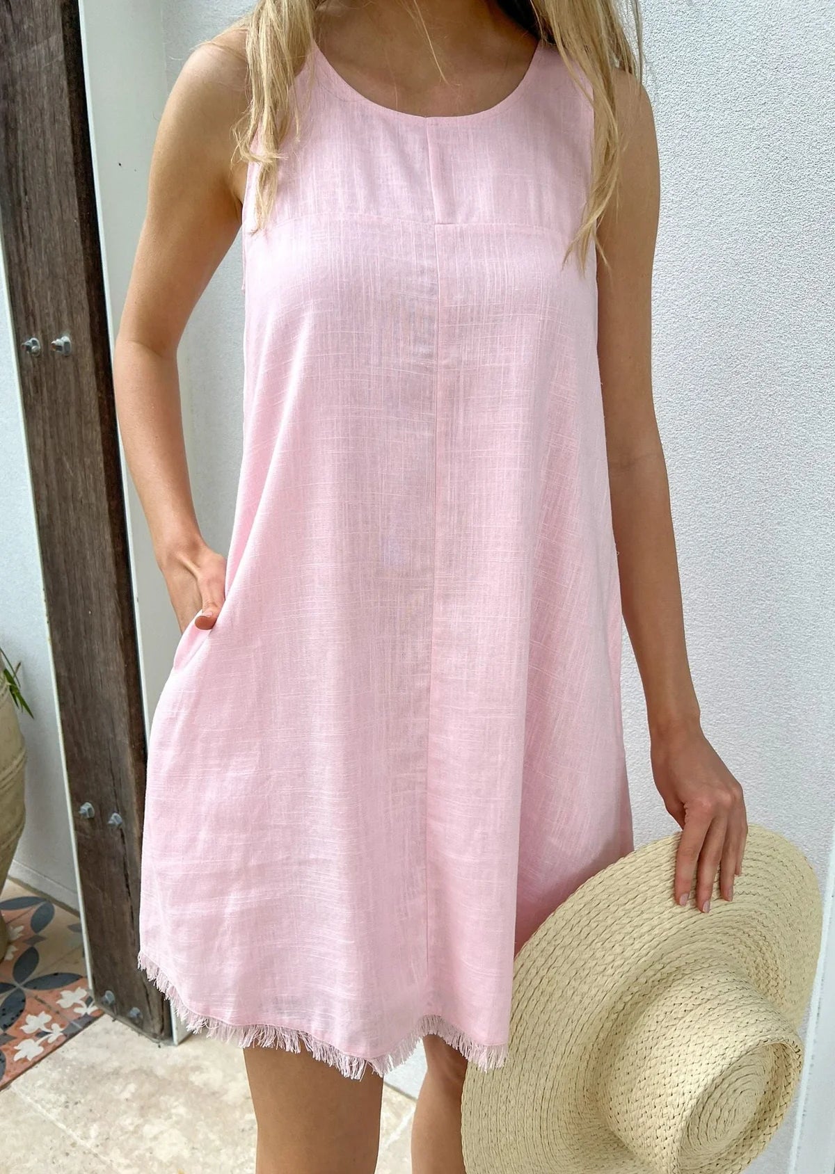 Freya Sleeveless Linen Mini Dress - Pink