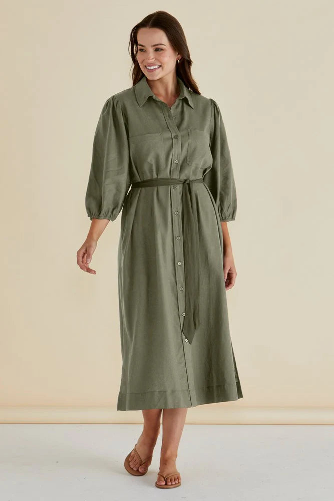 Angelina Button Up Midi Dress - Olive Green