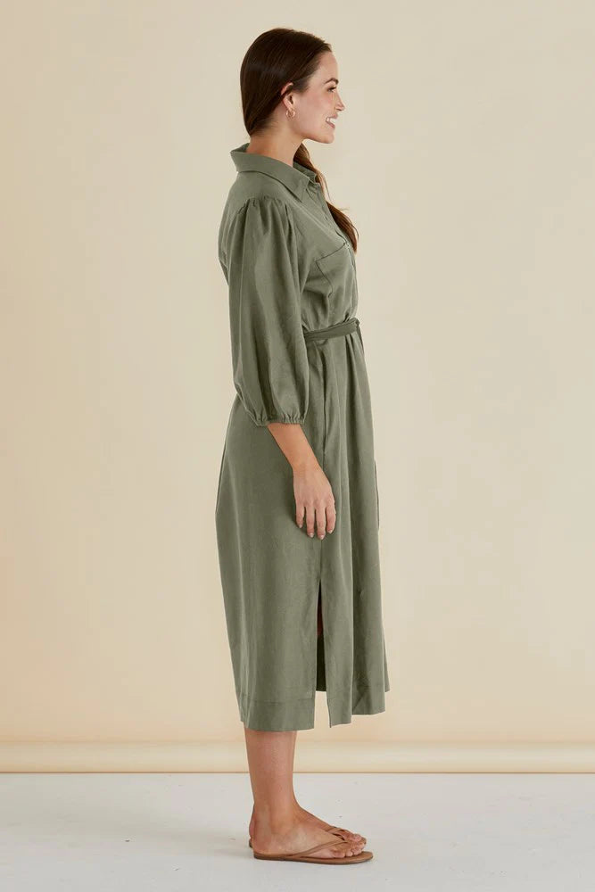 Angelina Button Up Midi Dress - Olive Green